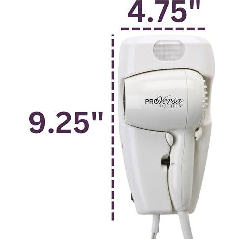 Jerdon Wall-Mount Hair Dryer - White Plug-In Hair Dryer With 32"" Power Cord - Hotel Style Wall Mounted Hair Dryer - Jwm8C