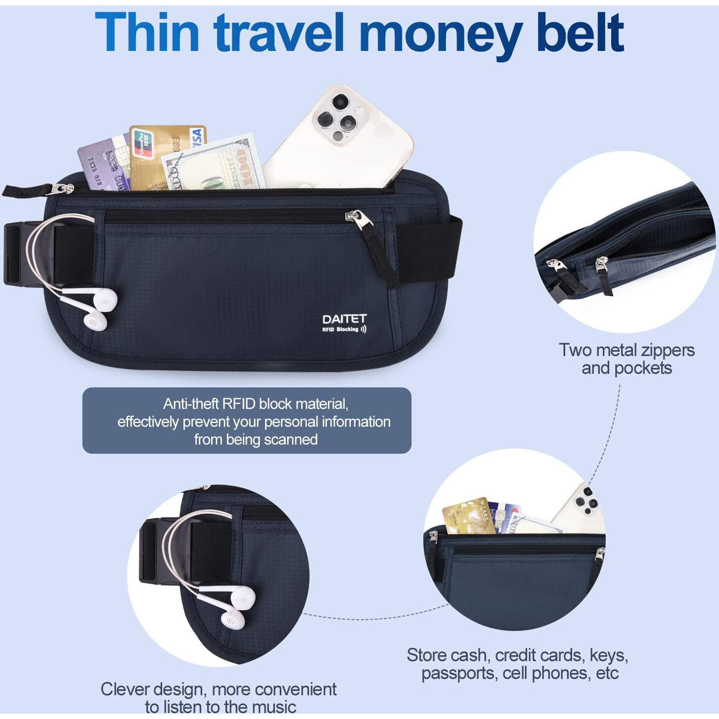 Rfid Blocking Money Belt For Men Women, Slim Fanny Pack For Travel,Running,Conceal Waist Wallet For Passport Holder,Phone,Cash(Black Dark Blue)