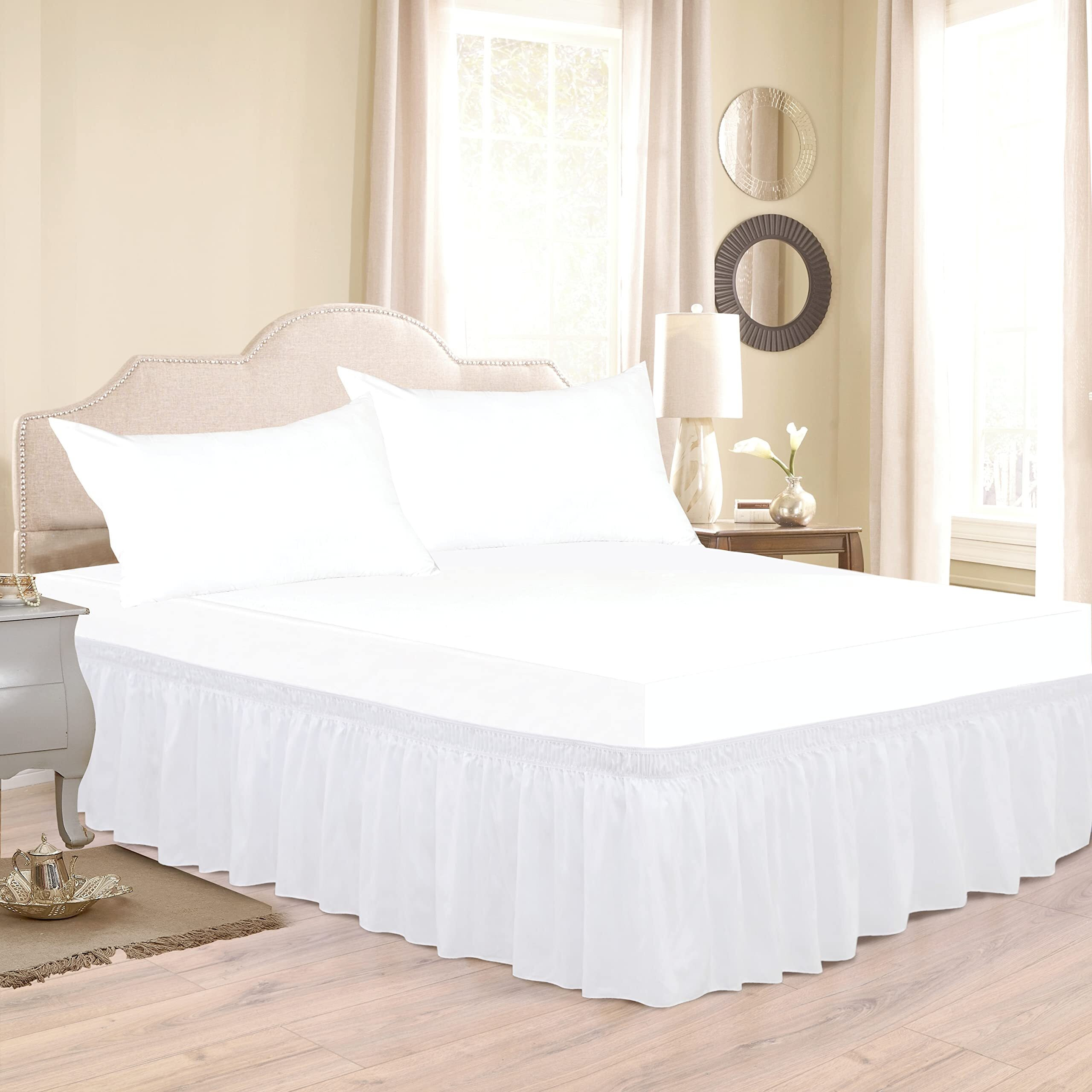 Biscaynebay Wrap Around Bed Skirts For Queen Beds 15"" Drop, White Adjustable Elastic Dust Ruffles Easy Fit Wrinkle & Fade Resistant Silky Luxurious Fabric Machine Washable