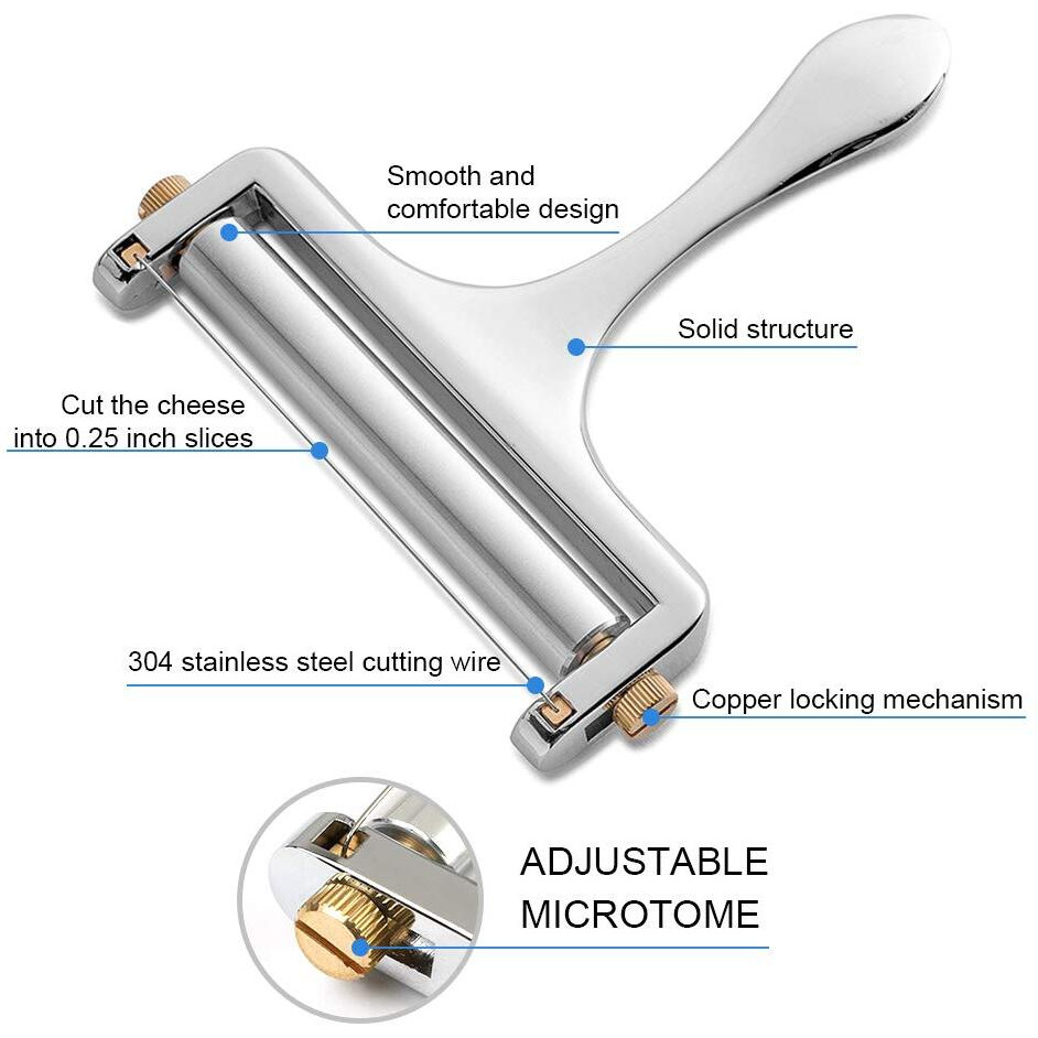 Naneezoo Cheese Slicer, Adjustable Thickness Heavy Duty Stainless Steel Cheese Slicers With Wire For Soft & Semi-Hard Cheeses - 4 Replacement Stainless Steel Cutting Wire Included (Silver)