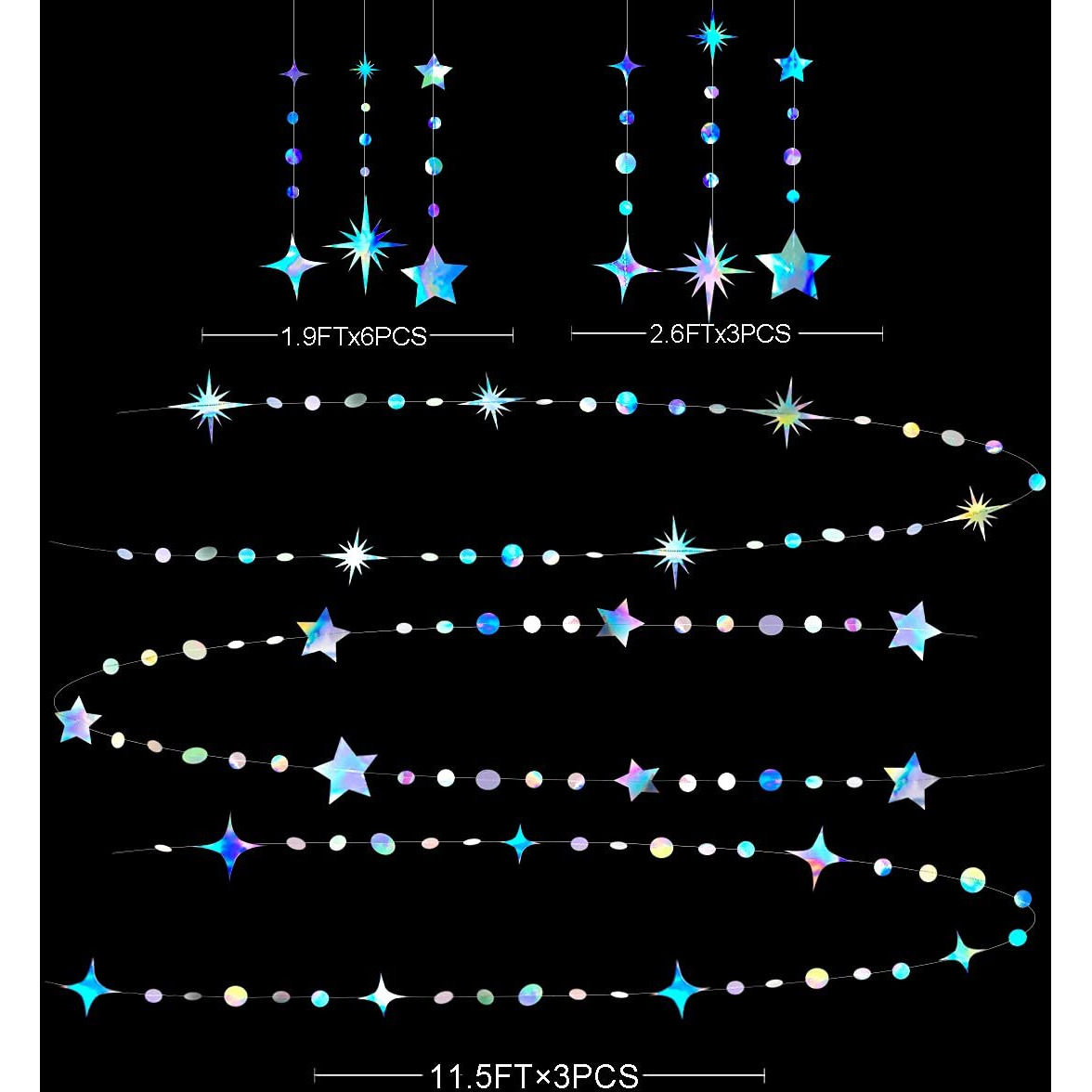 Iridescent Party Decorations Star Circle Dot Paper Garland Banner Bunting Streamer Metallic Hanging Twinkle Star Decoration For Kids Birthday Baby Shower Wedding Festival Engagement Sweet 16 Decor