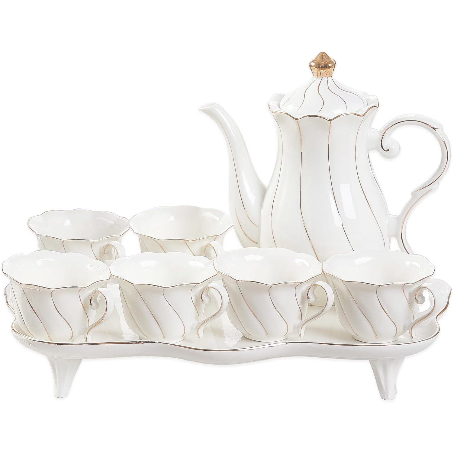 Dujust 14 Pcs Tea Set For 6 With Tea Tray & Spoons, Luxury British Style Tea/Coffee Cup Set With Golden Trim, Beautiful Porcelain Tea Set For Living Room Decor, Tea Party Set, Gift Package - White