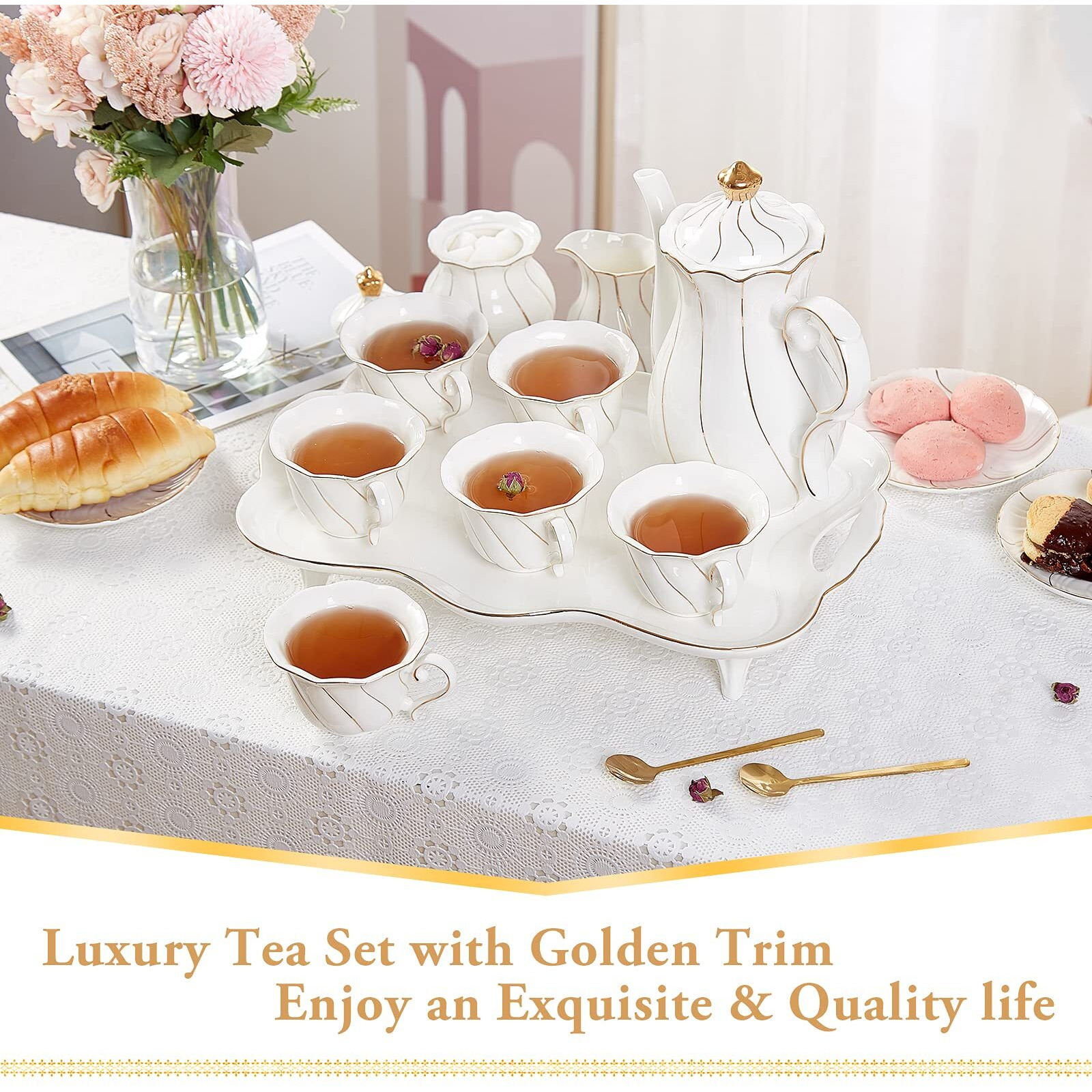 Dujust 14 Pcs Tea Set For 6 With Tea Tray & Spoons, Luxury British Style Tea/Coffee Cup Set With Golden Trim, Beautiful Porcelain Tea Set For Living Room Decor, Tea Party Set, Gift Package - White