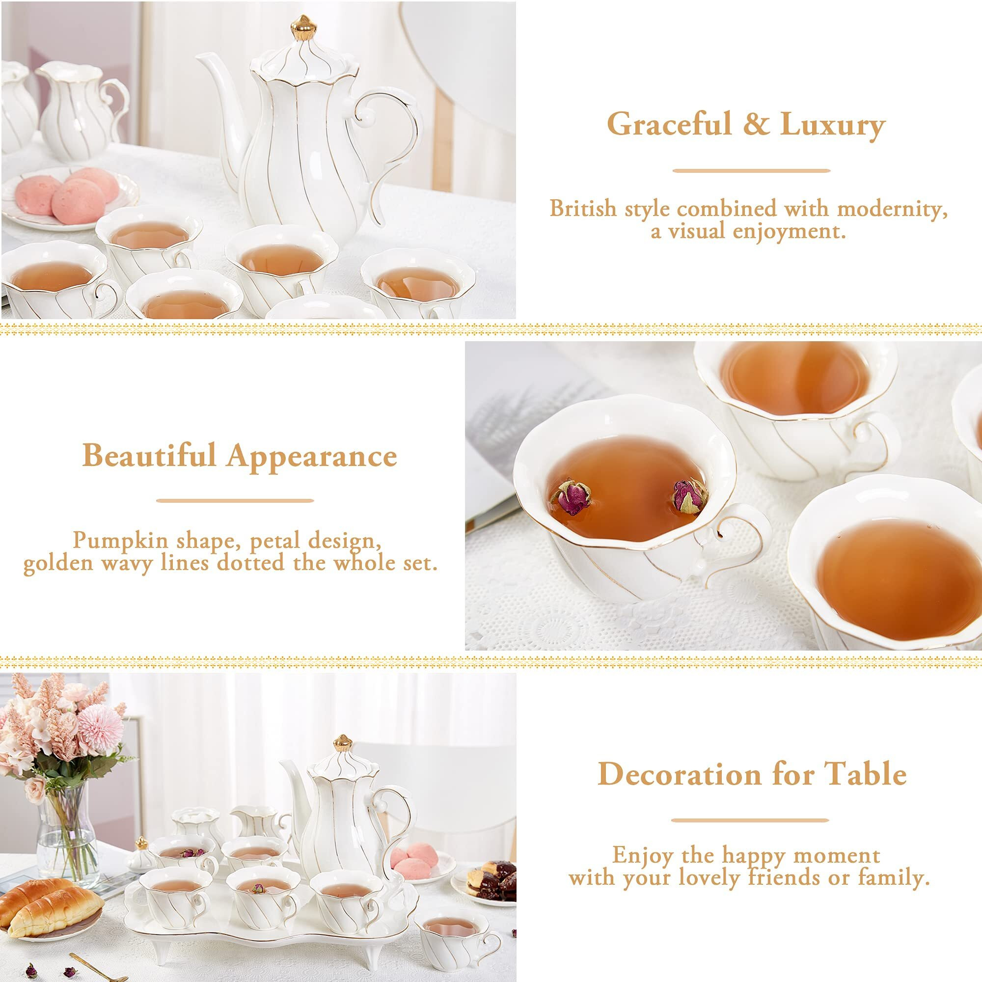 Dujust 14 Pcs Tea Set For 6 With Tea Tray & Spoons, Luxury British Style Tea/Coffee Cup Set With Golden Trim, Beautiful Porcelain Tea Set For Living Room Decor, Tea Party Set, Gift Package - White