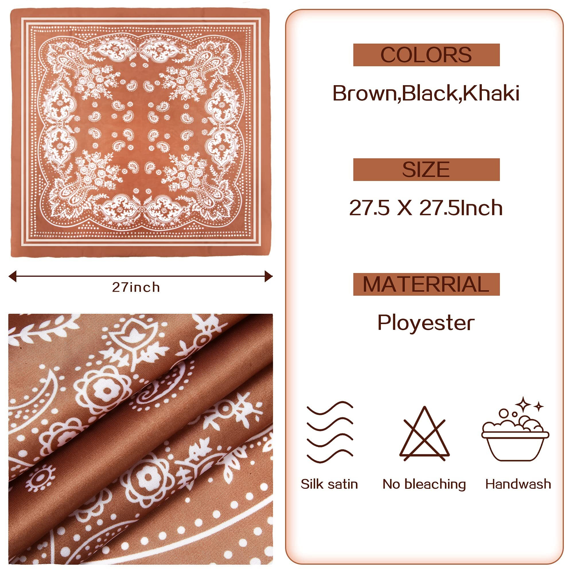 Doobo 3 Pcs 27.5 Inches Satin Head Scarf Hair Scarf Silk Head Scarf Silk Bandana Silk Hair Wrap Neck Scarf Square Scarf For Women Girls(Brown,Black,Khaki)
