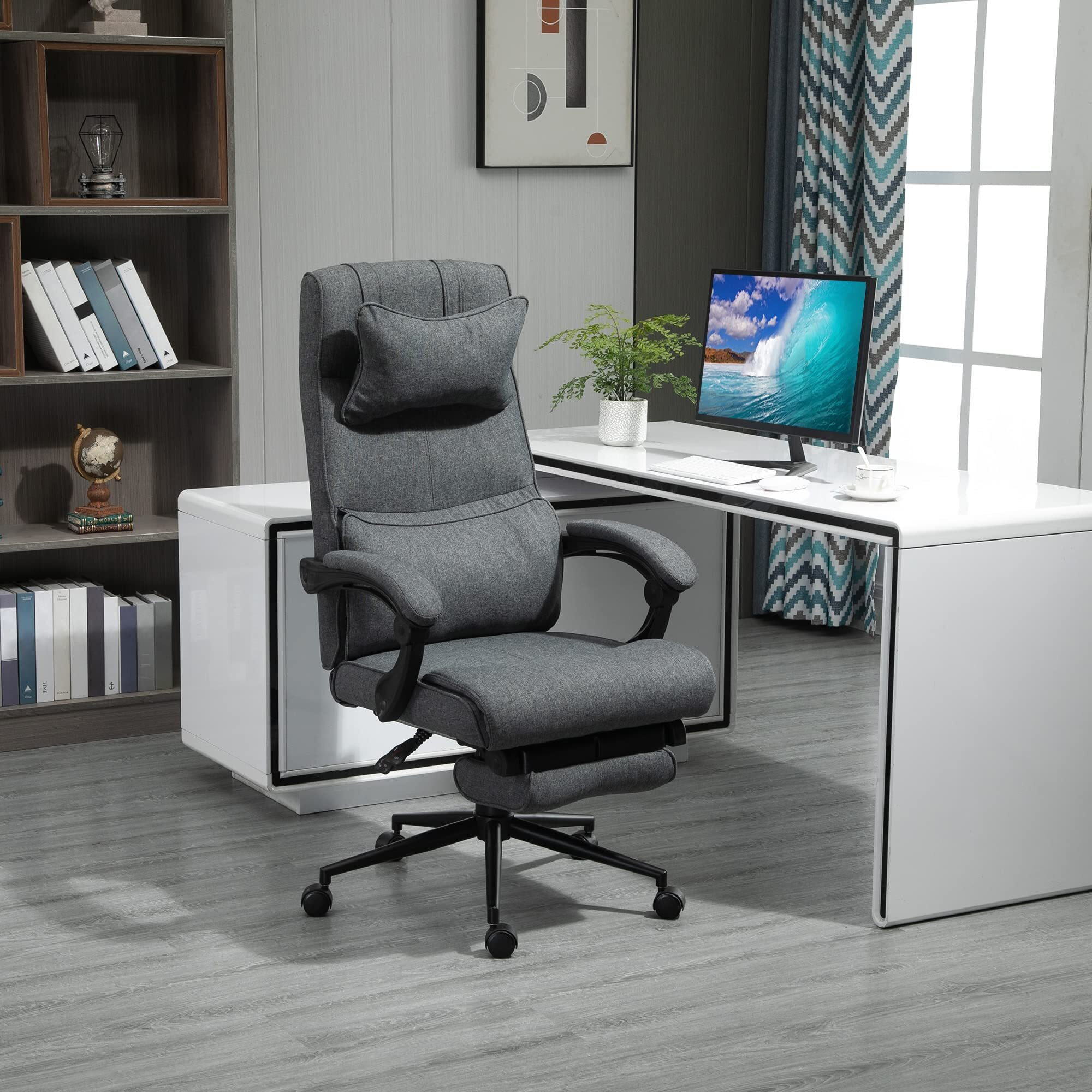 Vinsetto High Back Executive Office Chair, Reclining Computer Desk Chair With Footrest, Height Adjustable Fabric Office Chair With Headrest And Lumbar Support, Gray
