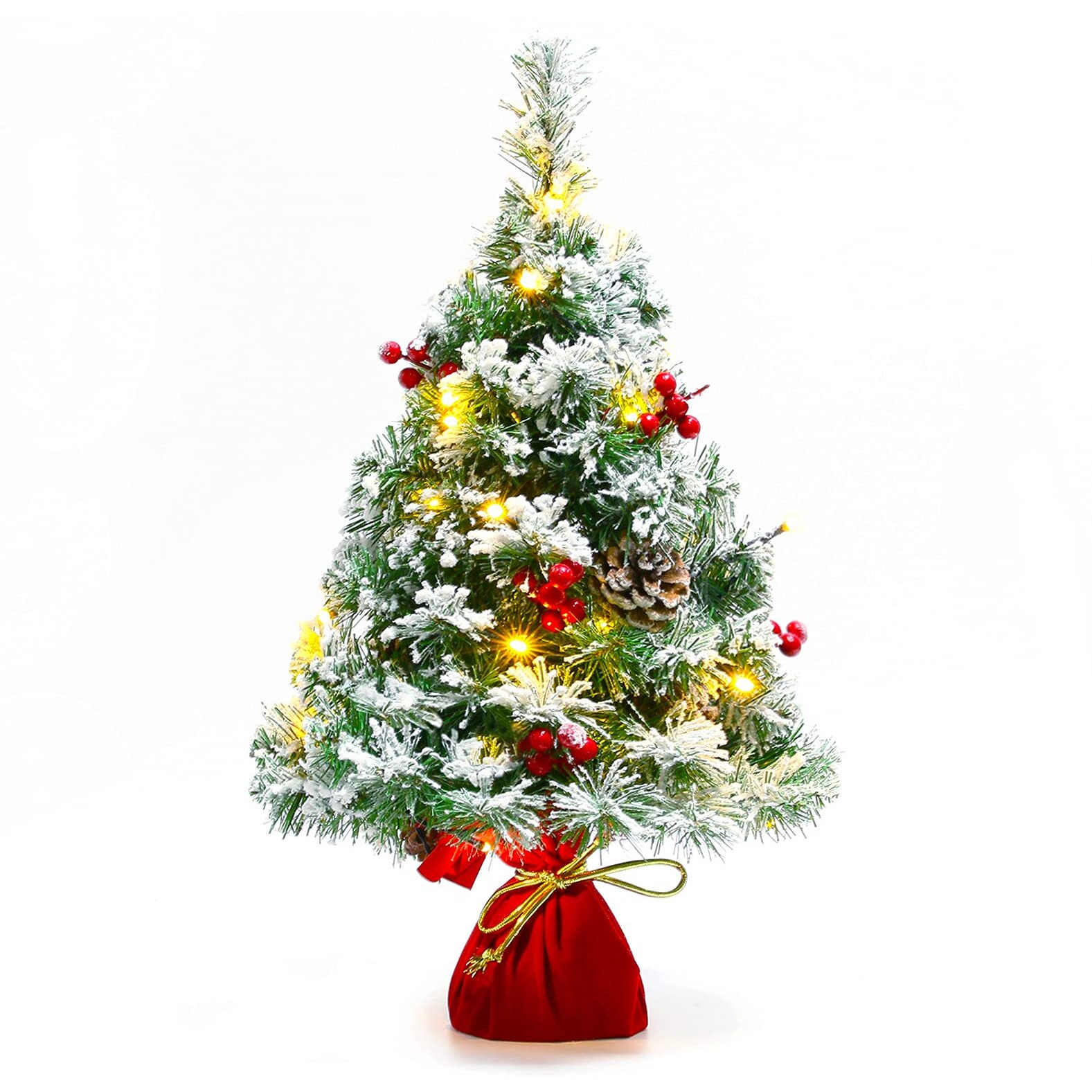 Sunnyglade 21.6 Inch Snow Flocked Christmas Tree Artificial Mini Christmas Tree Pine Tree Indoor Tabletop Ornaments Decorations With 30 Led Lights,Red Cloth Base And Pine Cones,White