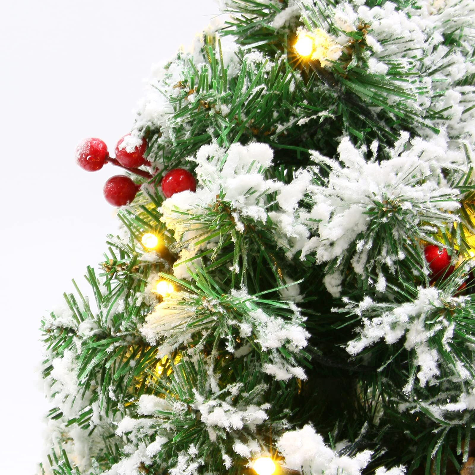 Sunnyglade 21.6 Inch Snow Flocked Christmas Tree Artificial Mini Christmas Tree Pine Tree Indoor Tabletop Ornaments Decorations With 30 Led Lights,Red Cloth Base And Pine Cones,White
