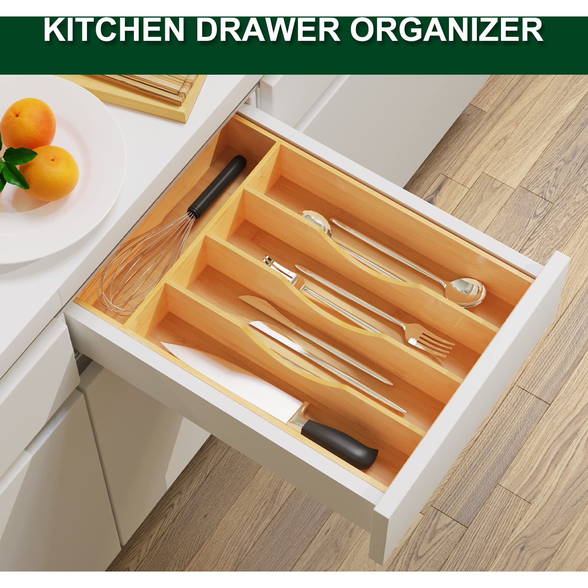 Bellsal Utensil Organizer 10 Inch Silverware Tray For Drawer Utensil Holder Cutlery Organizer Kitchen Drawer Organizer 5 Compartment Small Narrow Bamboo