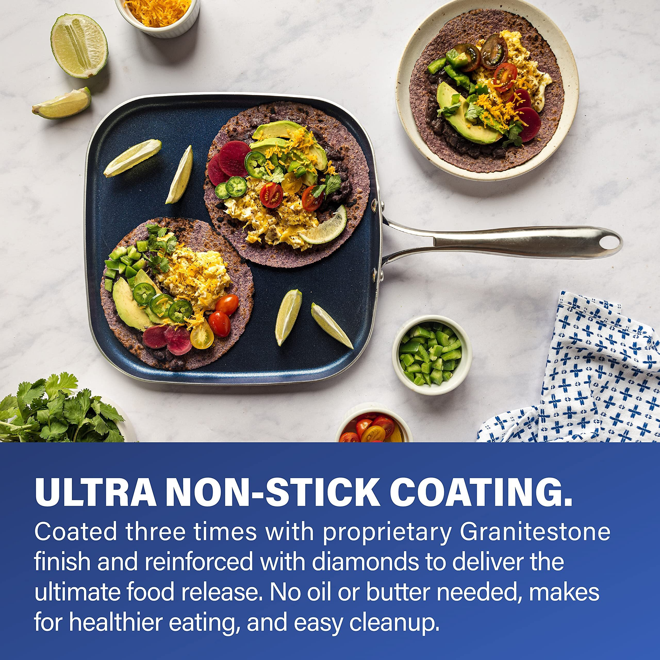 Granitestone Blue Nonstick 10.5    Griddle Pan/Flat Grill With Ultra Durable Mineral And Diamond Triple Coated Surface, Stay Cool Stainless-Steel Handle, Oven & Dishwasher Safe, 100% Pfoa Free