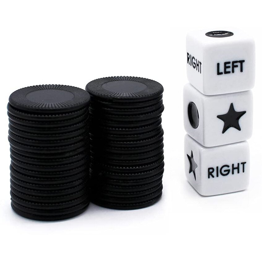 Bilywey Left Right Center Dice Game Set With 3 Dices + 36 Black Chips (Black)