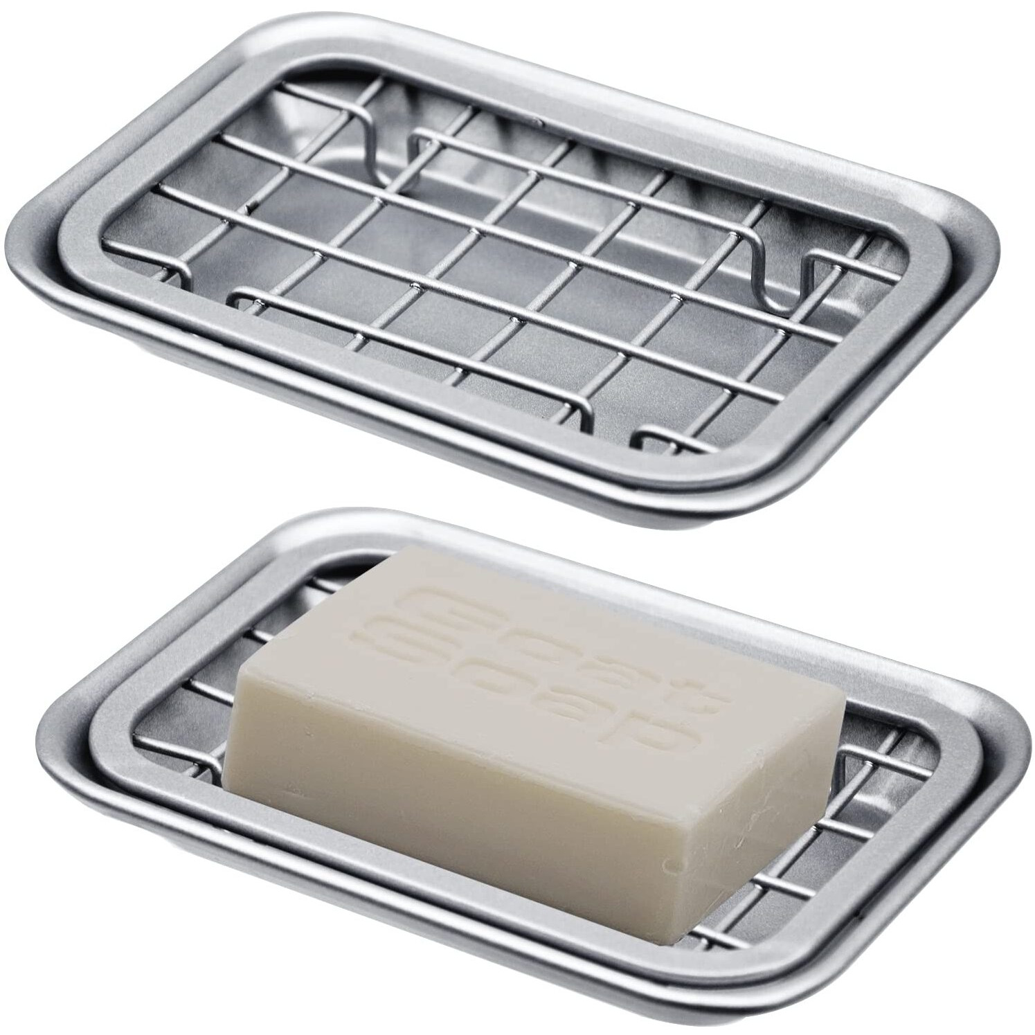 Kitchen And Bathroom Soap Dish Tray - Metal 2-Piece Soap Dish Tray With Drainage Grid And Holder For Kitchen Sink Countertops To Store Soap, Sponges, Scrubbers - Rust Resistant (2 Pack, Silver)