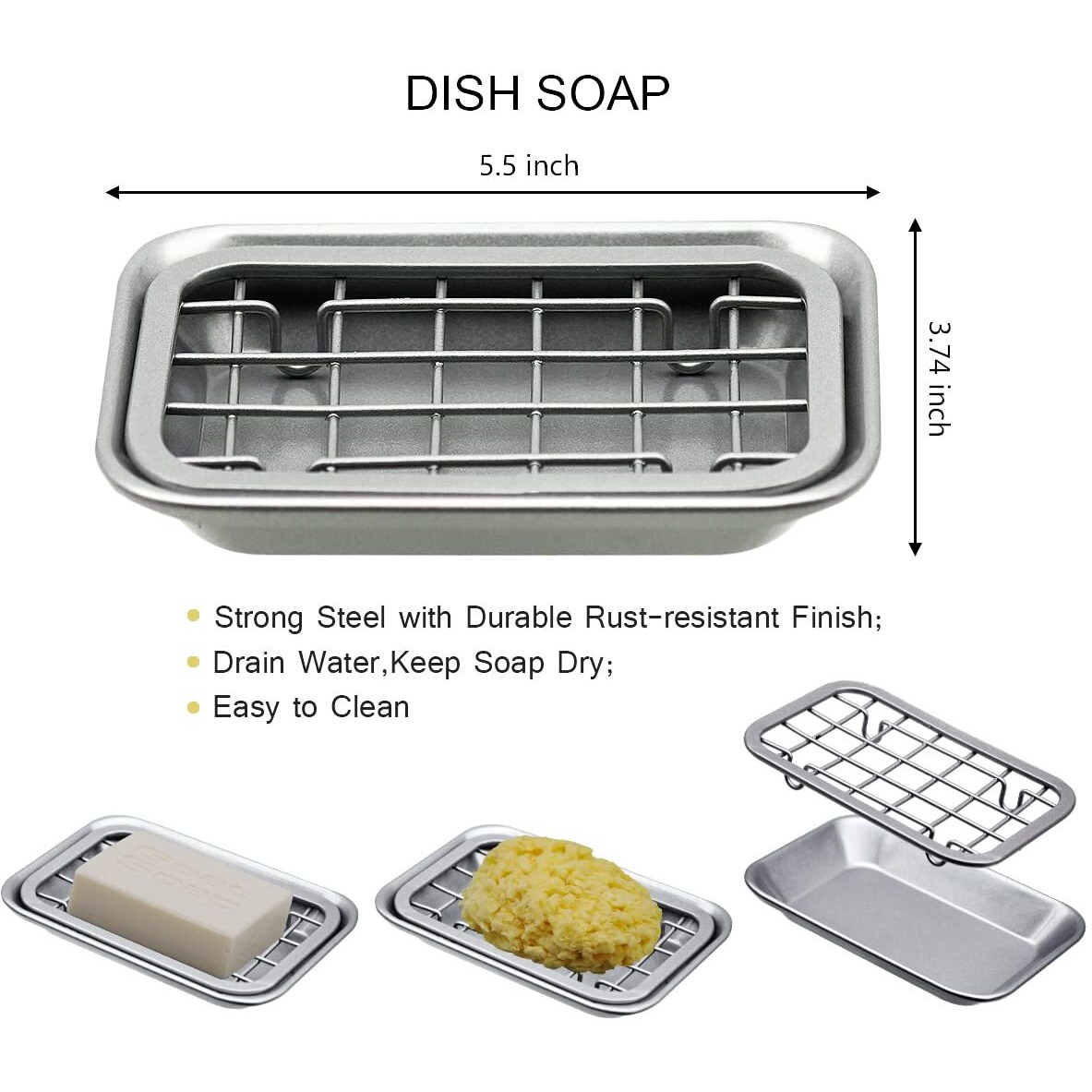 Kitchen And Bathroom Soap Dish Tray - Metal 2-Piece Soap Dish Tray With Drainage Grid And Holder For Kitchen Sink Countertops To Store Soap, Sponges, Scrubbers - Rust Resistant (2 Pack, Silver)
