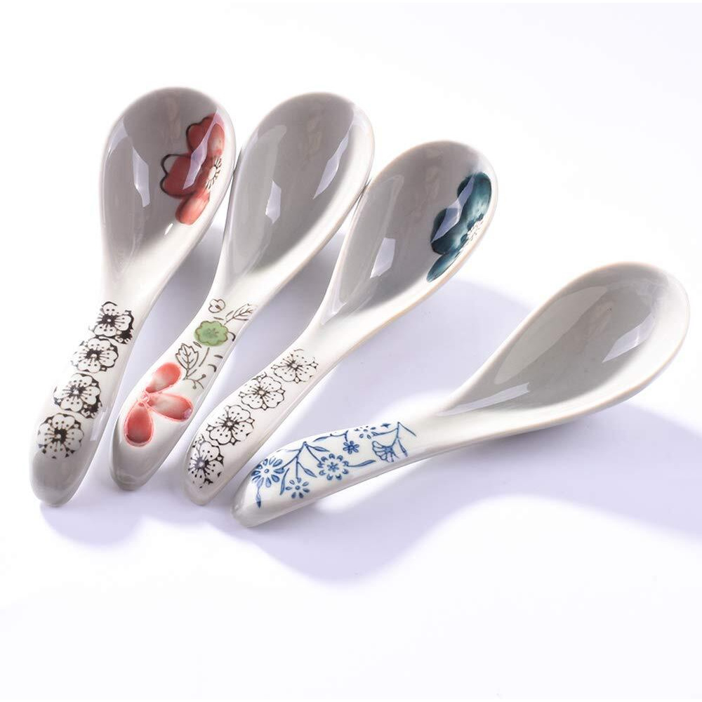 Japanese Soup Spoons Set Of 4, Asian Ceramic Ramen Spoons