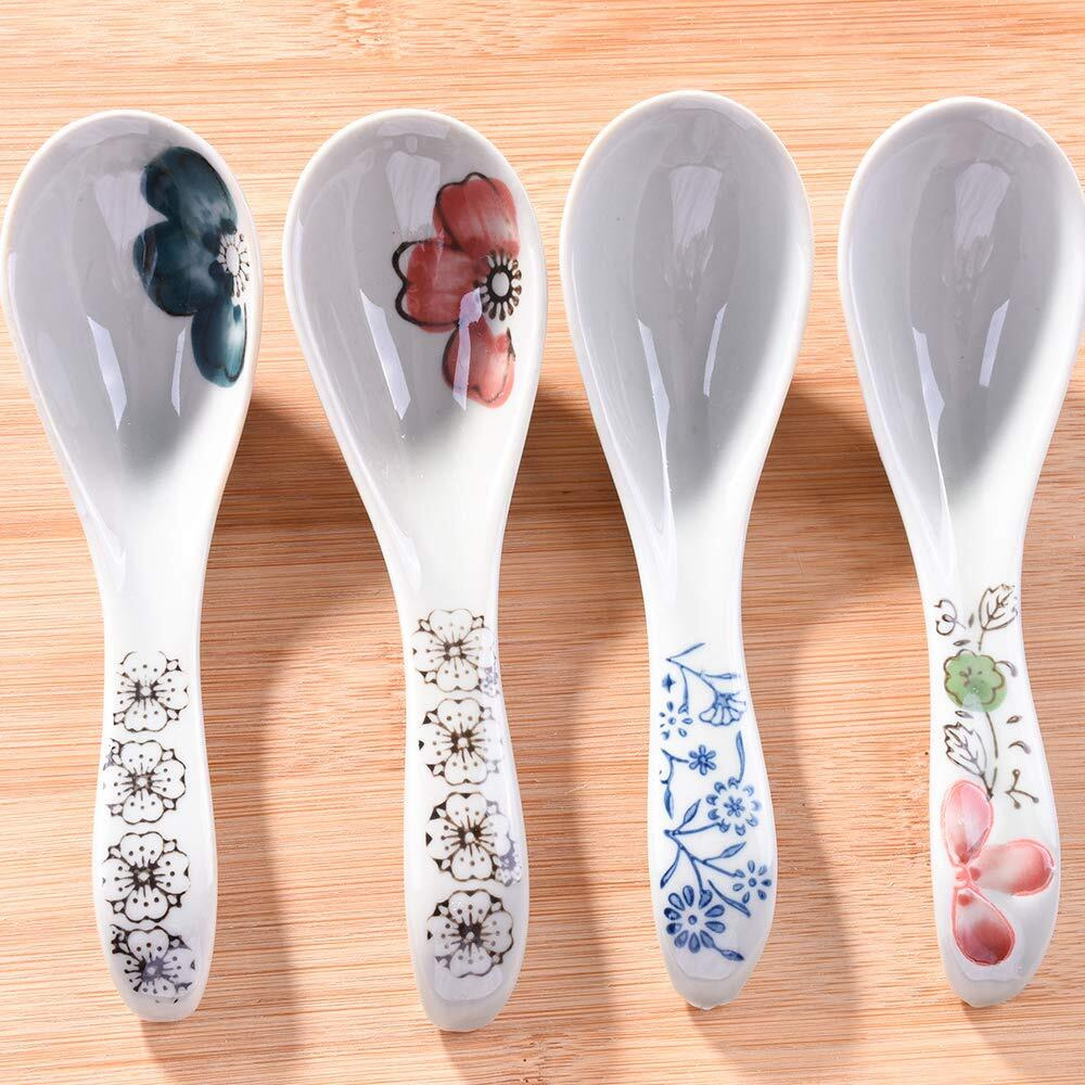 Japanese Soup Spoons Set Of 4, Asian Ceramic Ramen Spoons
