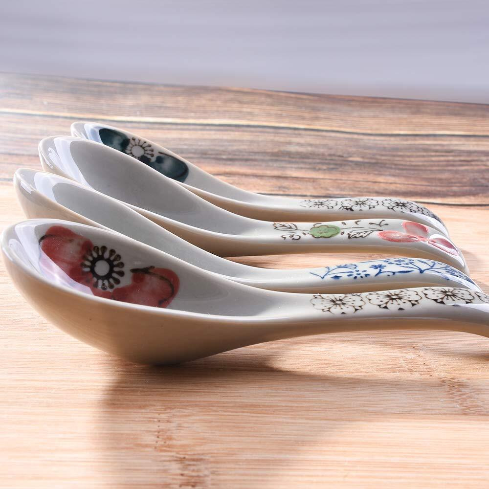 Japanese Soup Spoons Set Of 4, Asian Ceramic Ramen Spoons