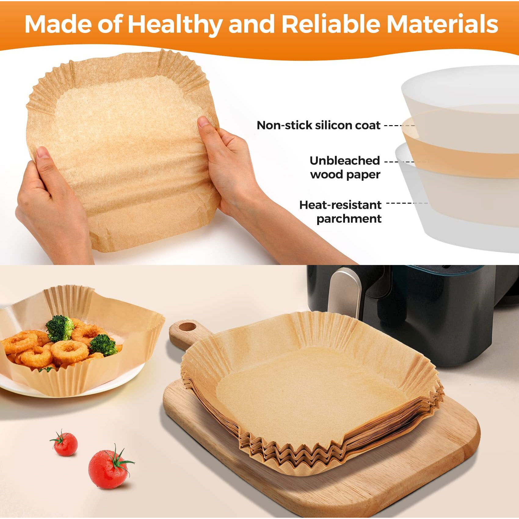 Disposable Air Fryer Paper Liners 100Pcs 8 Inch Square Liners For Air Fryer, Grease And Water Proof Non Stick Basket Parchment Paper