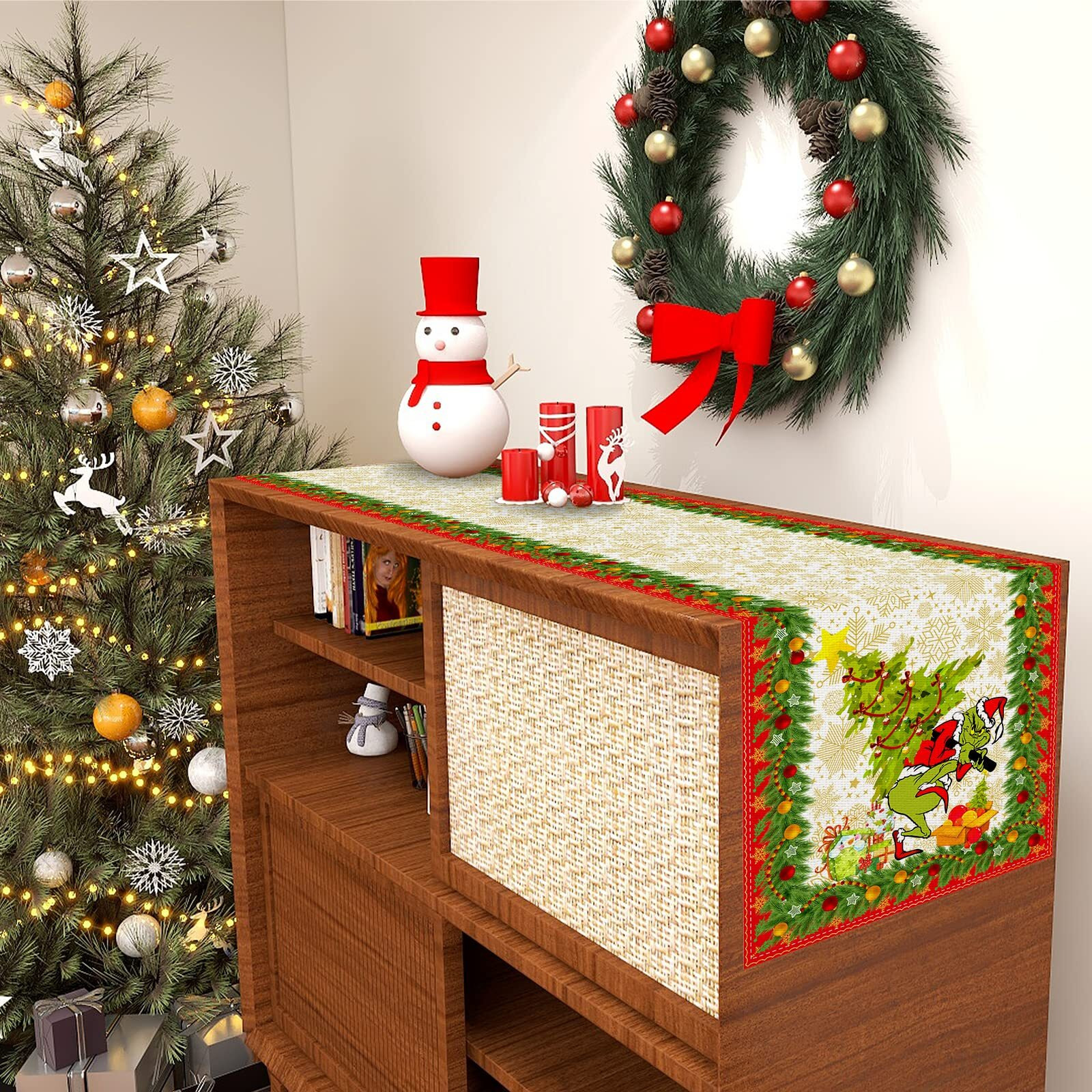 Linen Grinch Christmas Decorations Christmas Table Runner Merry Grinchmas Grinch Table Runner Tablecloth Christmas Xmas Winter Holiday Home Kitchen Dining Room Table Decorations 13X72 Inch