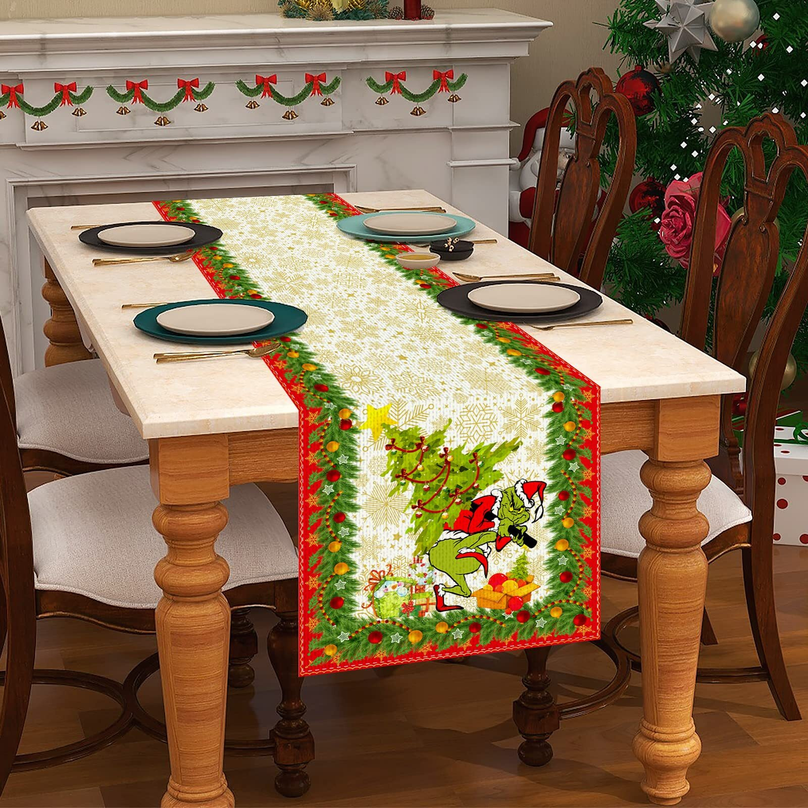 Linen Grinch Christmas Decorations Christmas Table Runner Merry Grinchmas Grinch Table Runner Tablecloth Christmas Xmas Winter Holiday Home Kitchen Dining Room Table Decorations 13X72 Inch