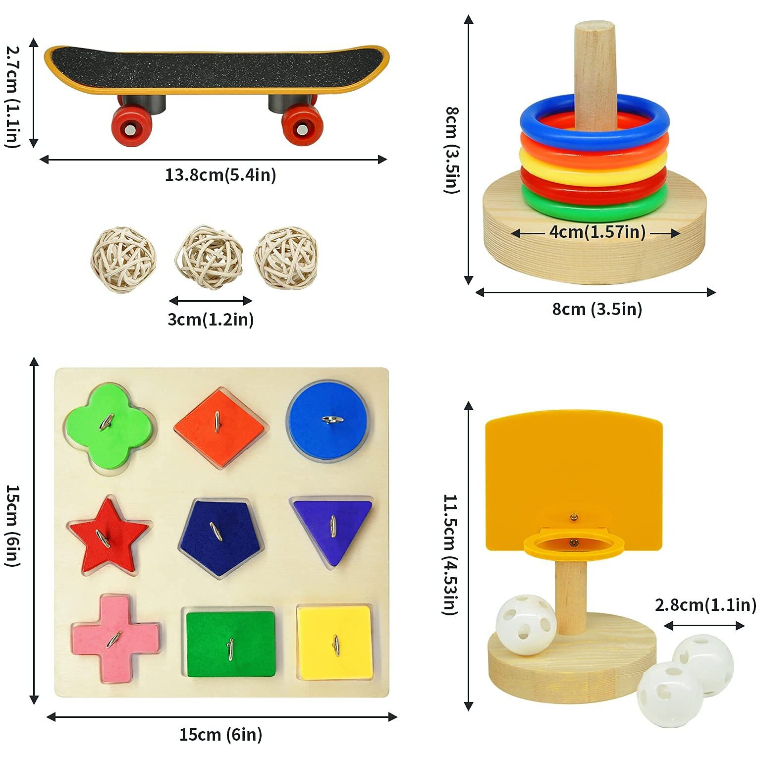 Bird Toys For Parakeets,5Pcs Parrot Toys Set (Include Bird Basketball ToyBird SkateboardBird Stacking ToyParrot Wooden Block Puzzles ToySmall Sepak Takraw),Parakeet ToysFor Bird Training Toys12