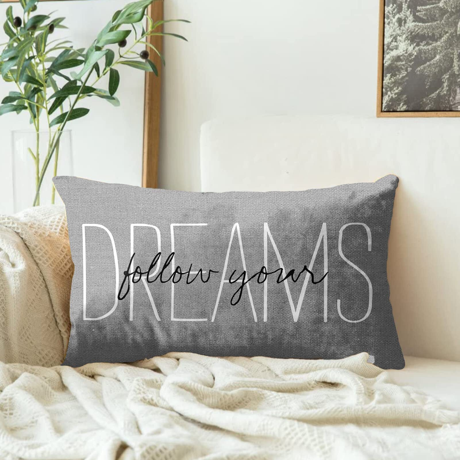 Emvency Throw Pillow Cover Rustic Gray Follow Your Dreams Decorative Pillow Case Monogram Home Bed Decor Rectangle Queen Size 20X30 Inch Cushion Pillowcase
