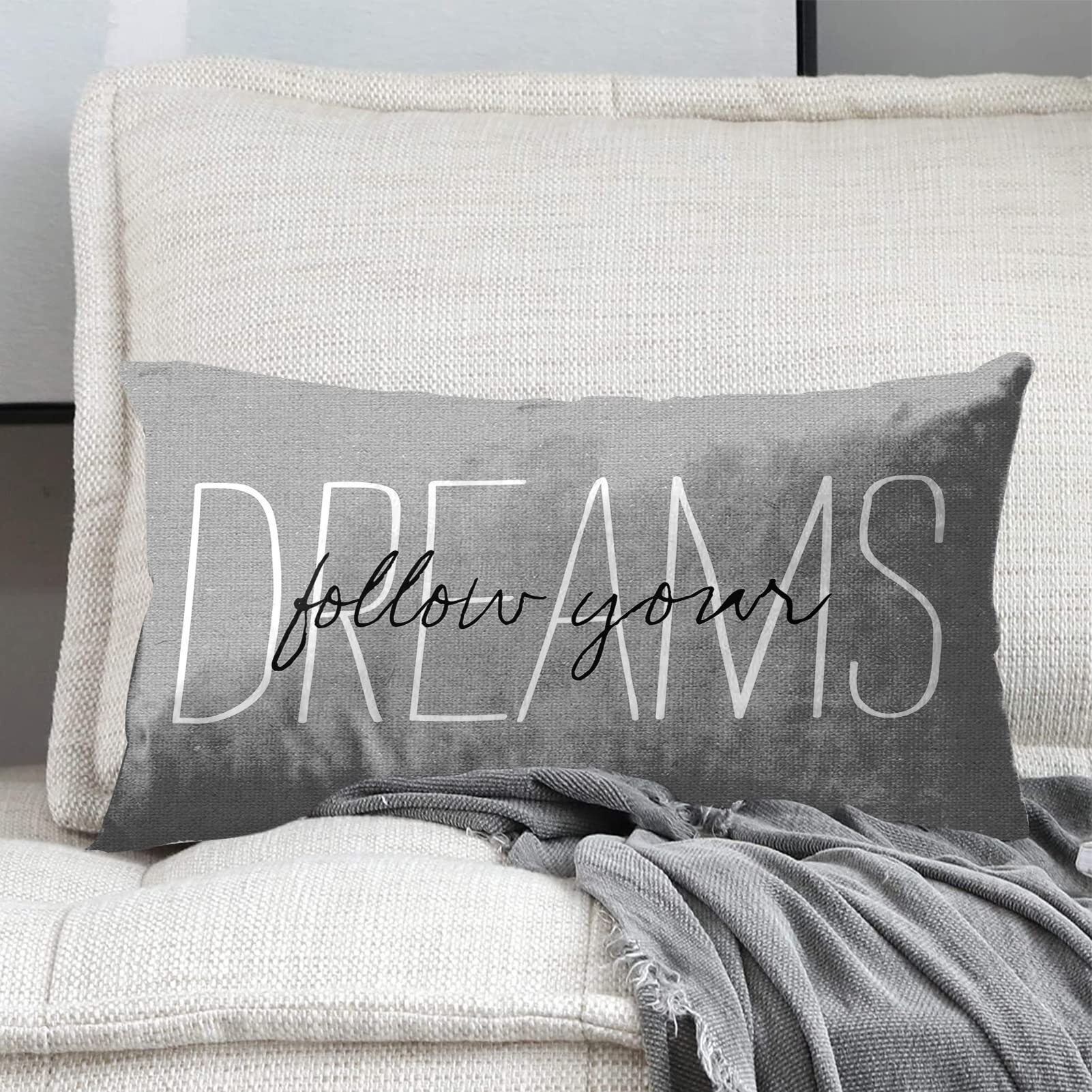 Emvency Throw Pillow Cover Rustic Gray Follow Your Dreams Decorative Pillow Case Monogram Home Bed Decor Rectangle Queen Size 20X30 Inch Cushion Pillowcase