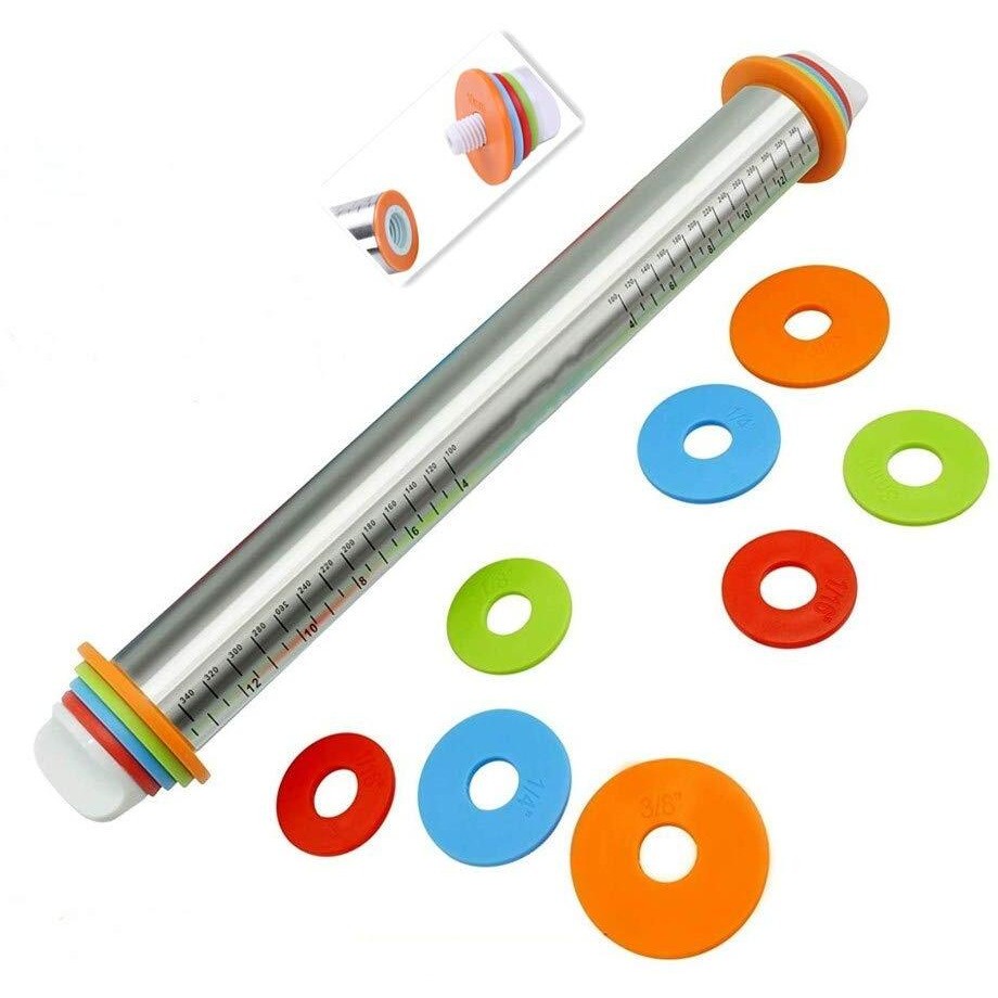 Rolling Pin Nonstick And Silicone Baking Pastry Mat Combo Kit, Adjustable Rolling Pin With Thickness Rings, Rolling Pin For Baking Fondant, Pizza, Pie, Pastry, Pasta, Dough, Cookies (Red)