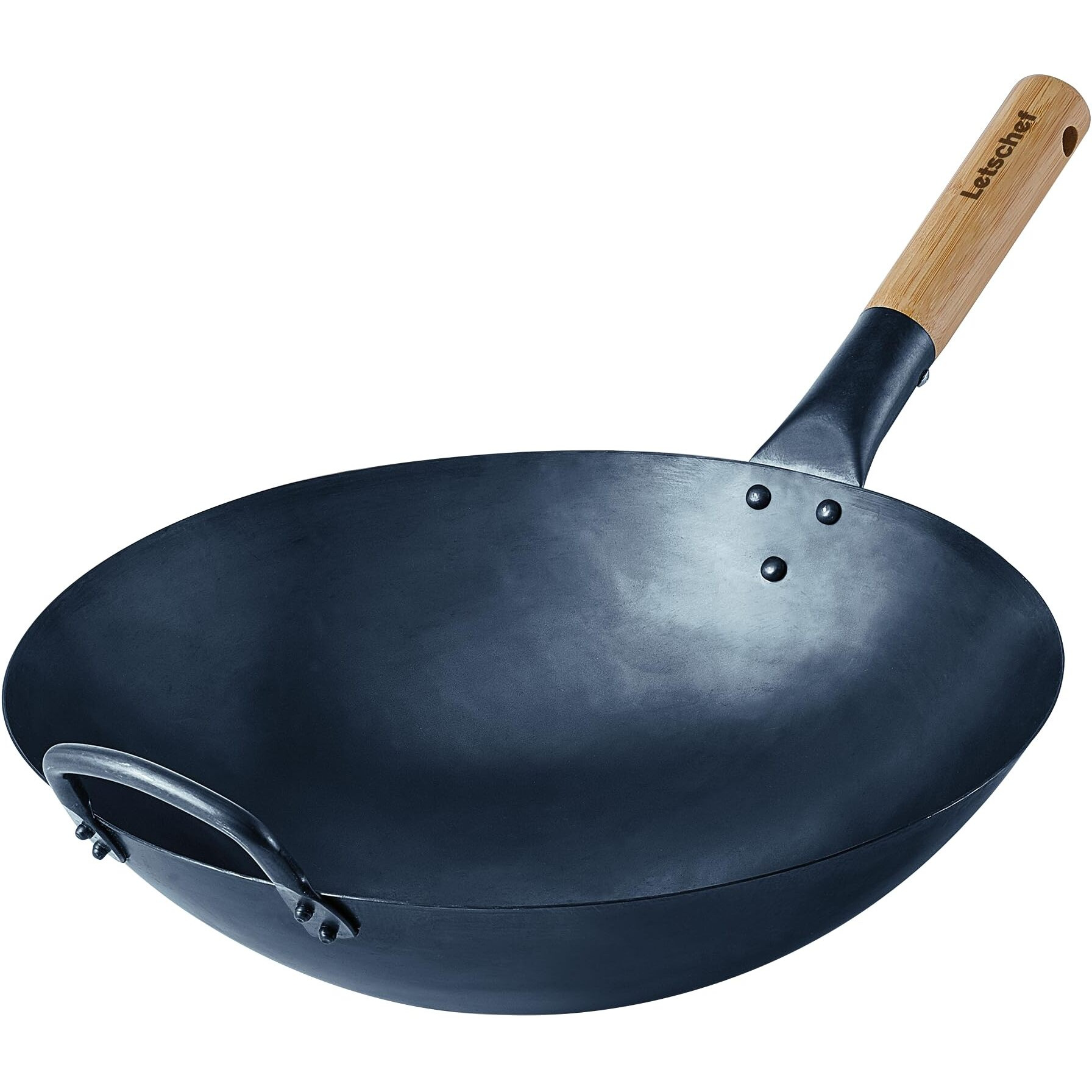 Letschef Preseasoned Carbon Steel Wok 14 Inches Hand Hammered Chinese Traditional Wok And Stir Fry Pan Round Bottom With Bamboo Handle Pfoa Free Cookware