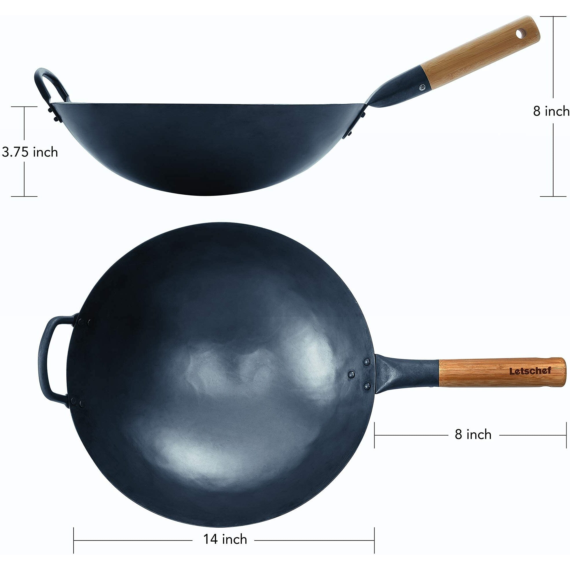 Letschef Preseasoned Carbon Steel Wok 14 Inches Hand Hammered Chinese Traditional Wok And Stir Fry Pan Round Bottom With Bamboo Handle Pfoa Free Cookware