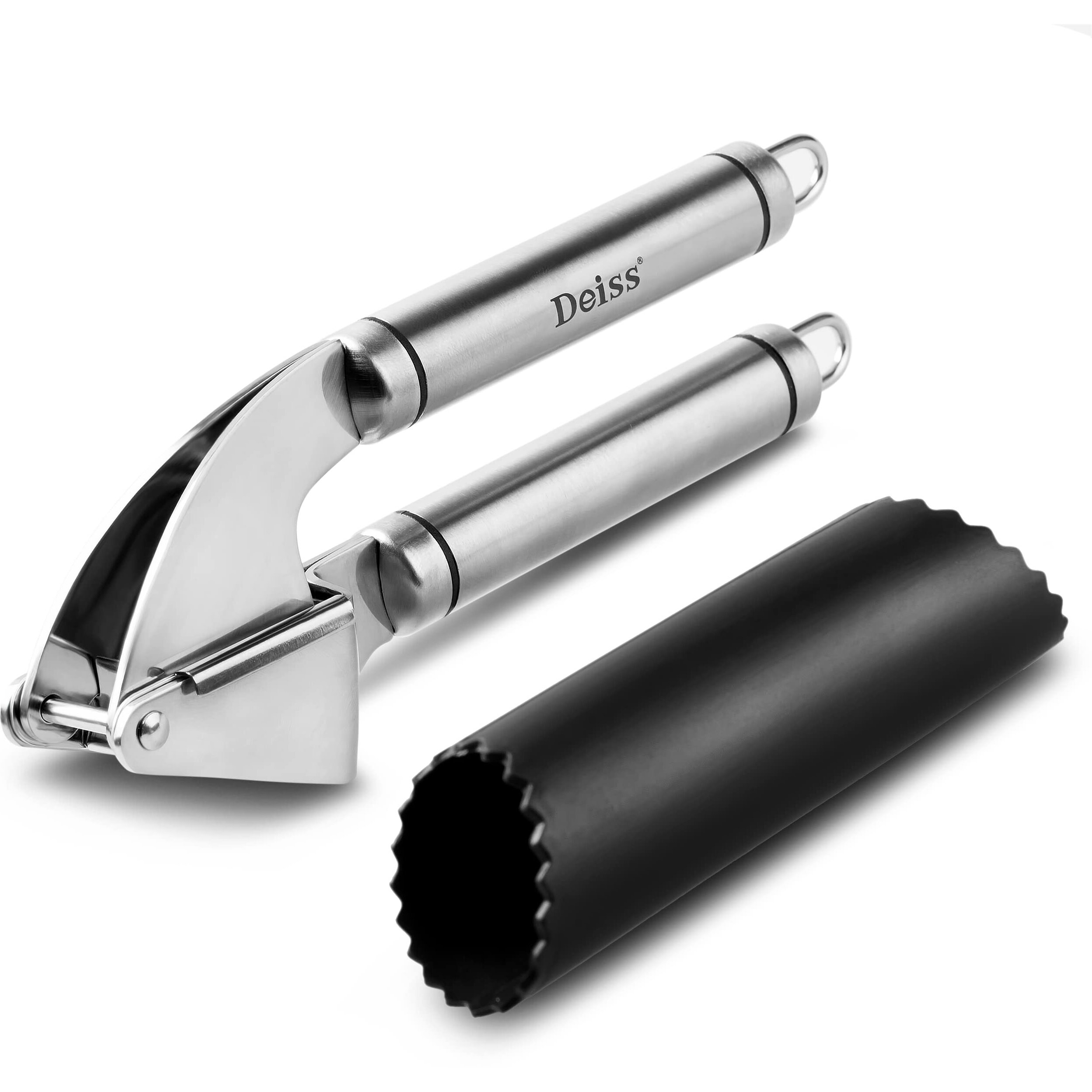 Deiss Pro Garlic Press And Silicone Garlic Peeler Set - Stainless Steel Rust Proof Garlic Mincer & Garlic Crusher For Ginger & Nuts, Garlic Roller Peeler - Easy To Squeeze And Clean, Dishwasher Safe