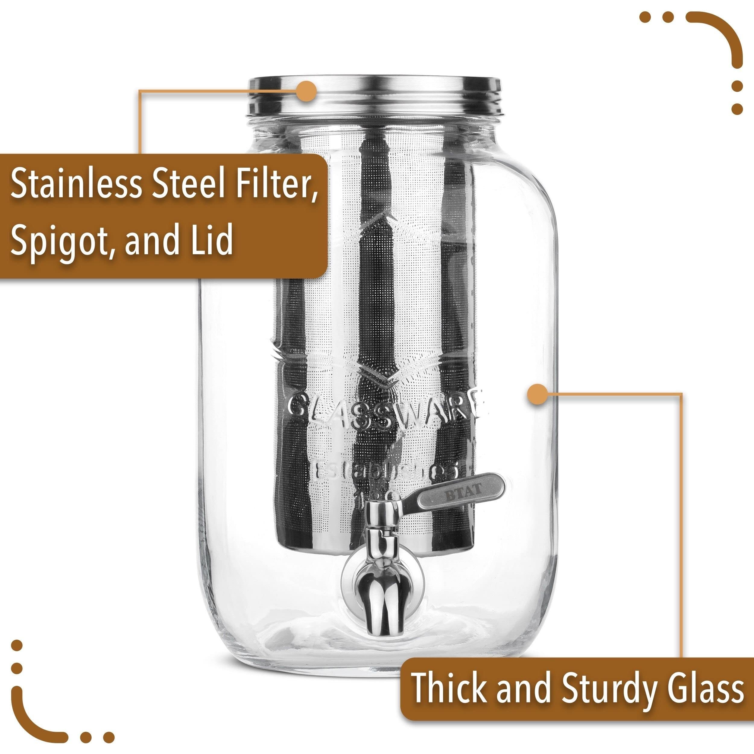 Btat- Cold Brew Coffee Maker, 1 Gallon Mason Jars Drink Dispenser, Gallon Cold Brew Coffee Maker, Iced Tea Maker, Cold Brew Coffee Carafe, Beverage Dispenser, Glass Dispenser, Cold Brew System