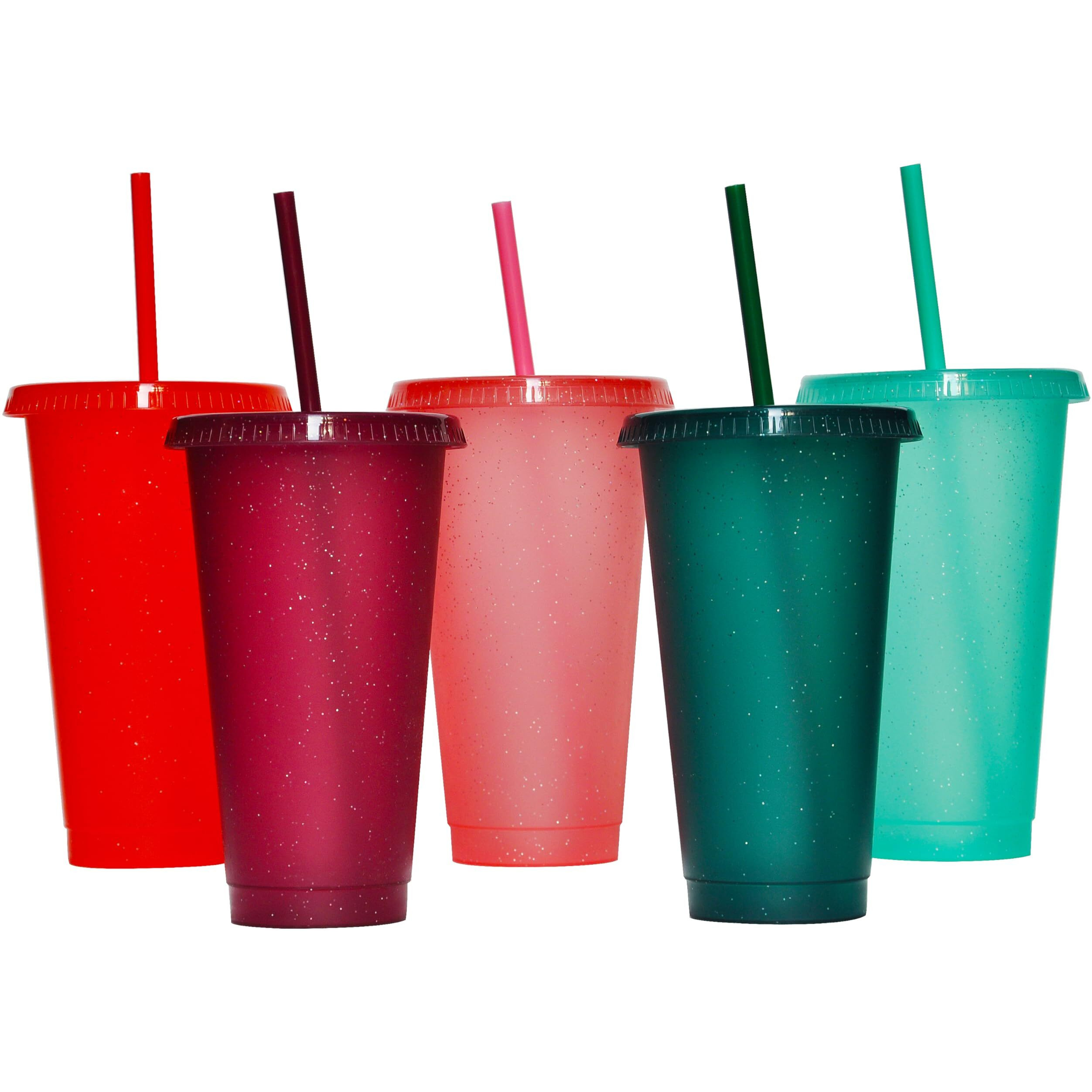 Suertestarry Tumbler With Straw And Lid,Water Bottle Iced Coffee Travel Mug Cup,Reusable Plastic Cups,Perfect For Parties,Birthdays,24Oz-5 Pack(Rainbow Glitter