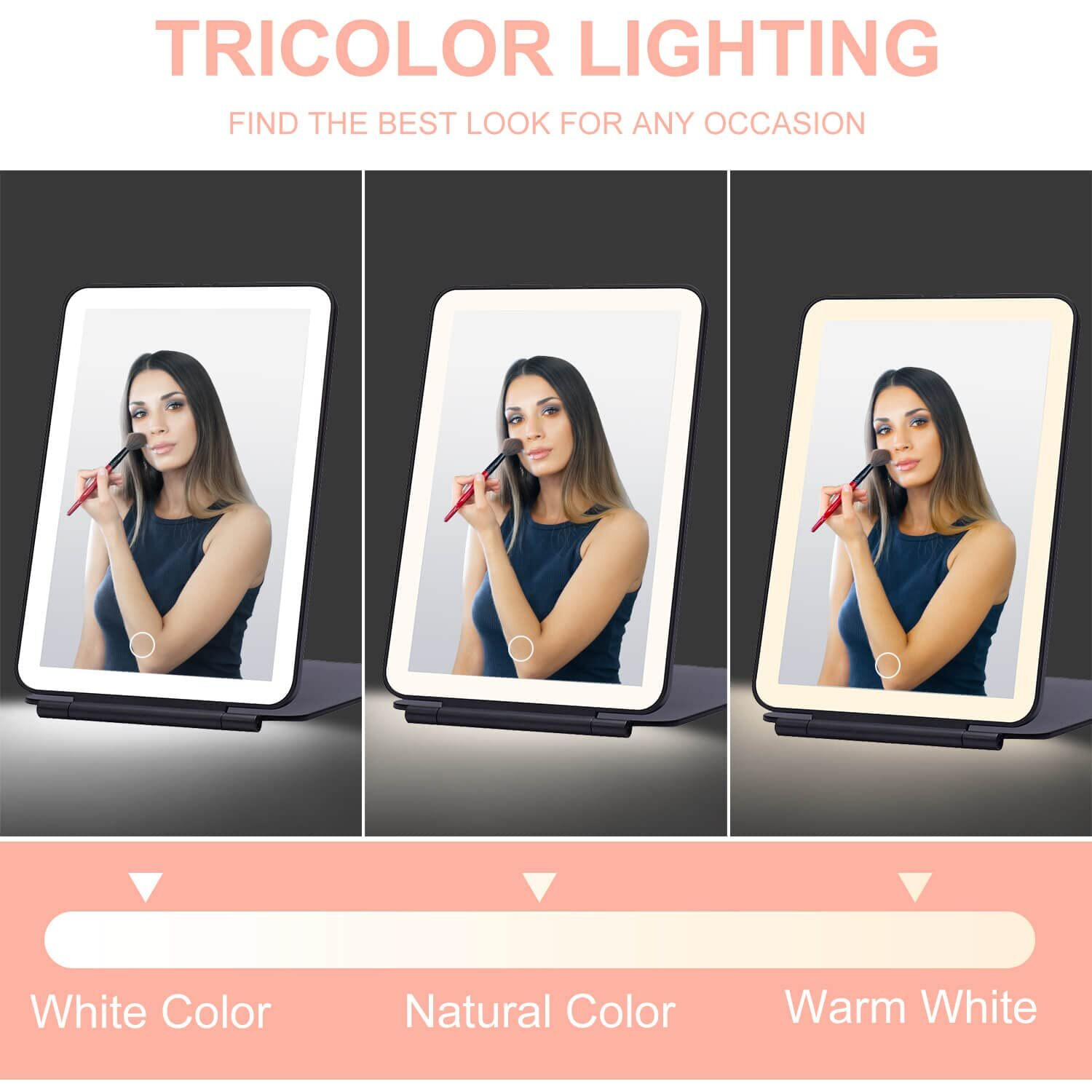 Led Foldable Travel Makeup Mirror - 5X7 Inches 3 Colors Light Modes Usb Rechargeable Touch Screen, Portable Tabletop Cosmetic Mirror For Travel, Cosmetic, Office (Black)
