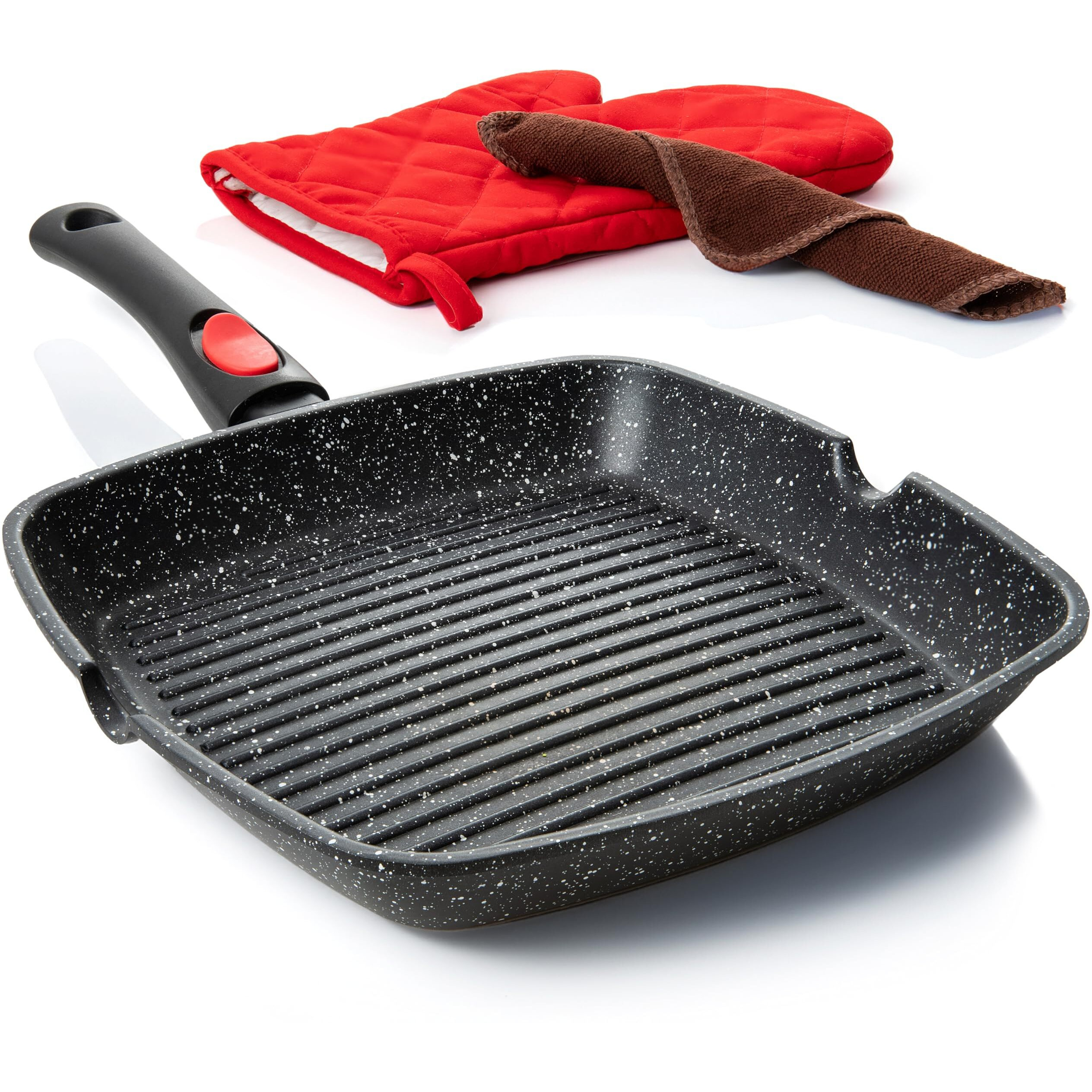 Moss & Stone Square Grill Pan For Indoor Cooking, Die Casting Aluminum Grill Pan, Removable Handle Nonstick Stove Top Grill Pan For Meats & Vegetables, 11In Square Pan With Detachable Handle