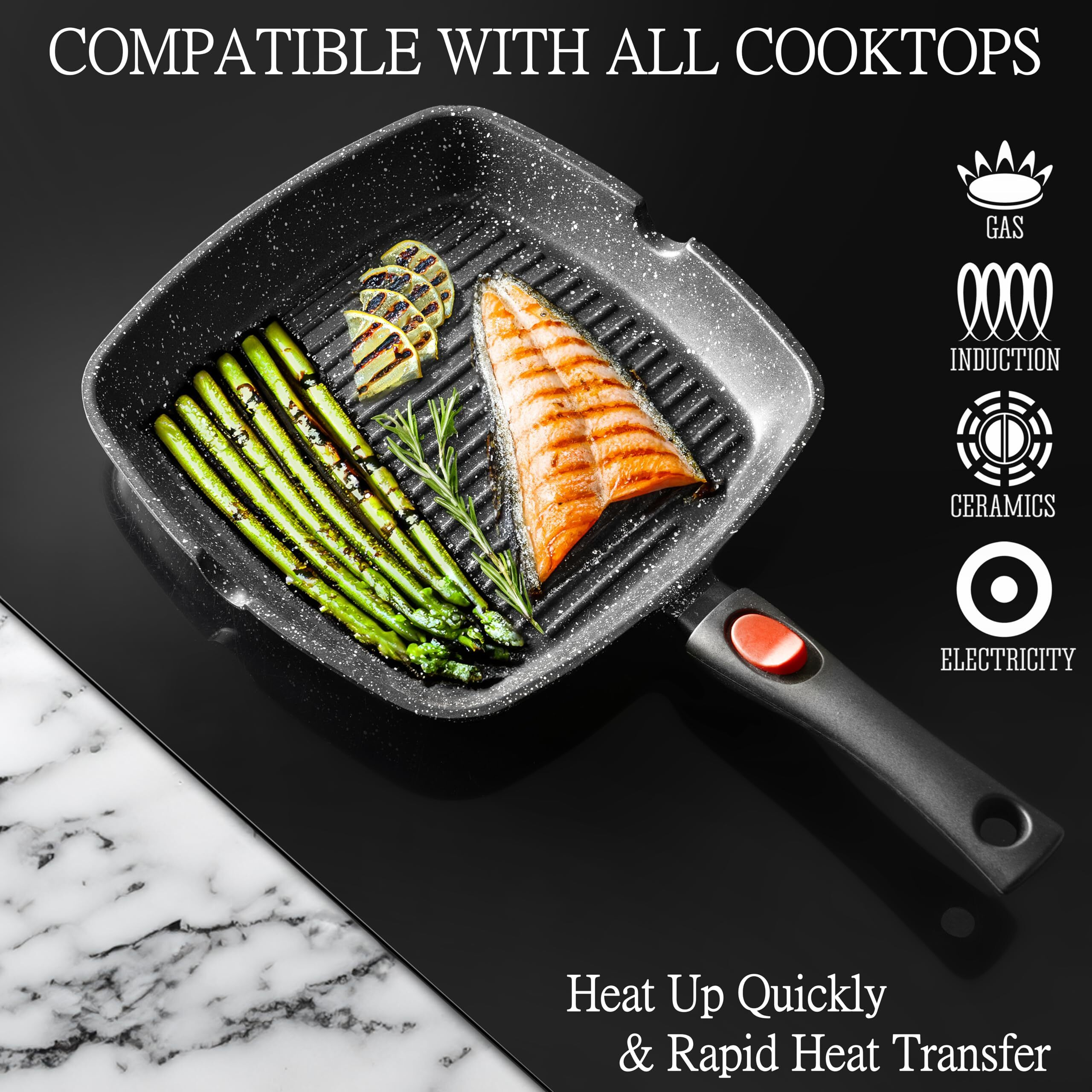 Moss & Stone Square Grill Pan For Indoor Cooking, Die Casting Aluminum Grill Pan, Removable Handle Nonstick Stove Top Grill Pan For Meats & Vegetables, 11In Square Pan With Detachable Handle