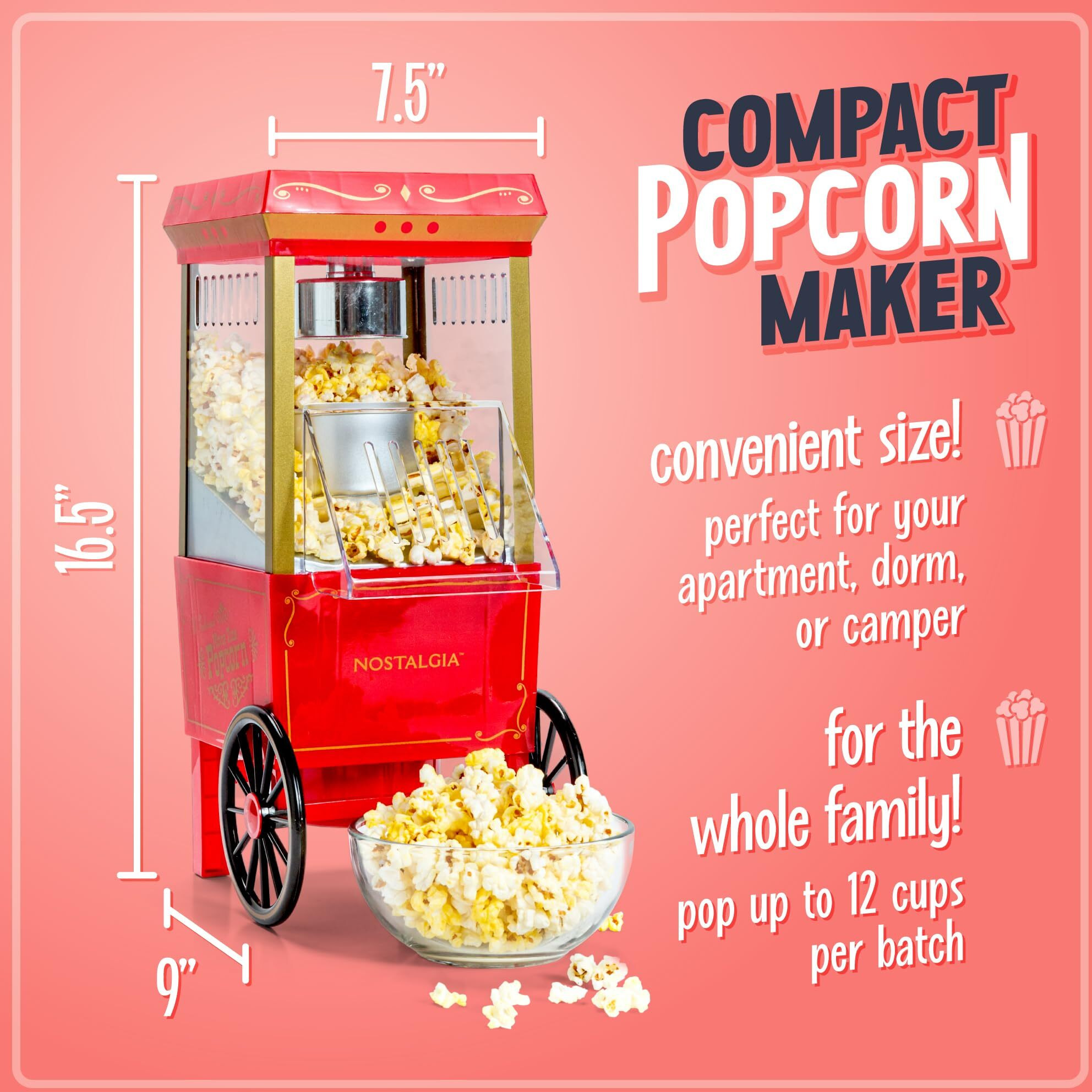 Nostalgia Old-Fashioned Hot Air Popcorn Paker, 12 Cup Vintage Tabletop Popcorn Machine With Measuring Cap For Home, Parties, Movie Night, And Kids, 12 Cup, Red