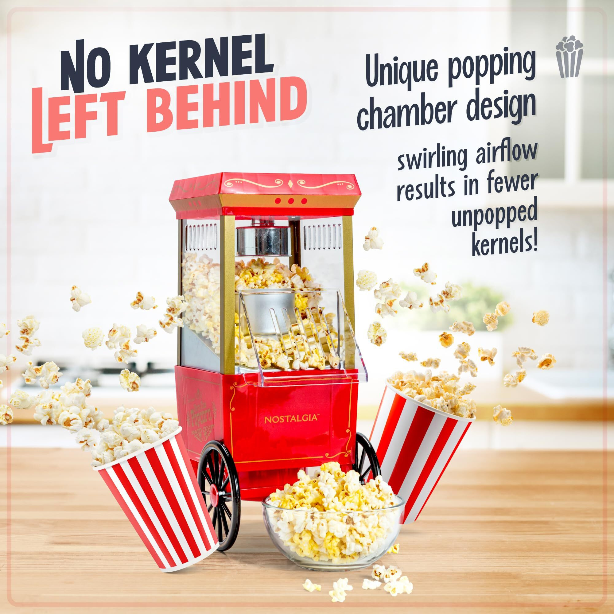 Nostalgia Old-Fashioned Hot Air Popcorn Paker, 12 Cup Vintage Tabletop Popcorn Machine With Measuring Cap For Home, Parties, Movie Night, And Kids, 12 Cup, Red