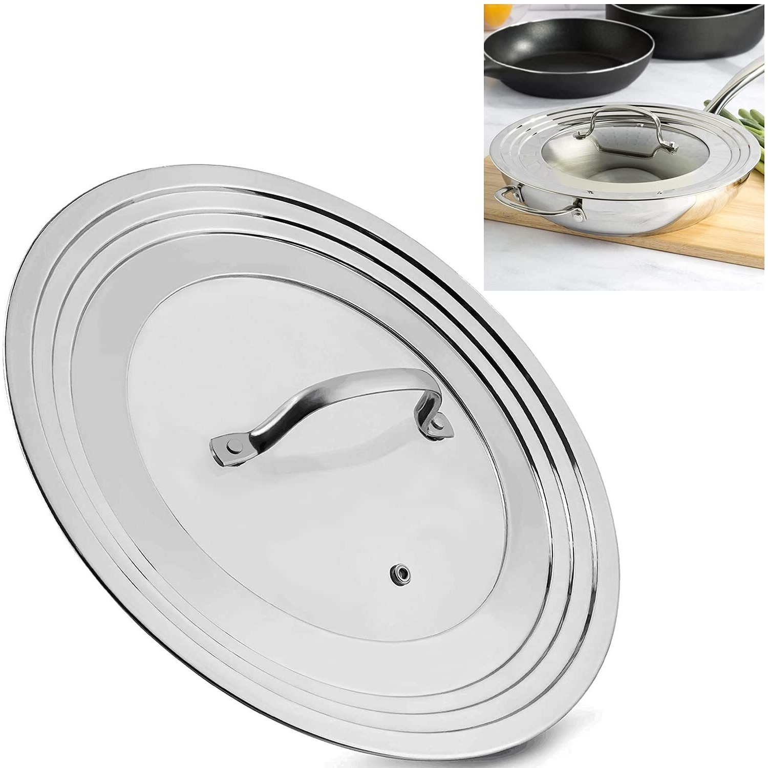 Keissco Stainless Steel Universal Lid For Pots, Pans And Skillets - Fits 7"" To 12"" Pot And Pans - Tempered Glass With Stainless Steel Rim Replacement Frying Pan Cover And Cast Iron Skillet Lid