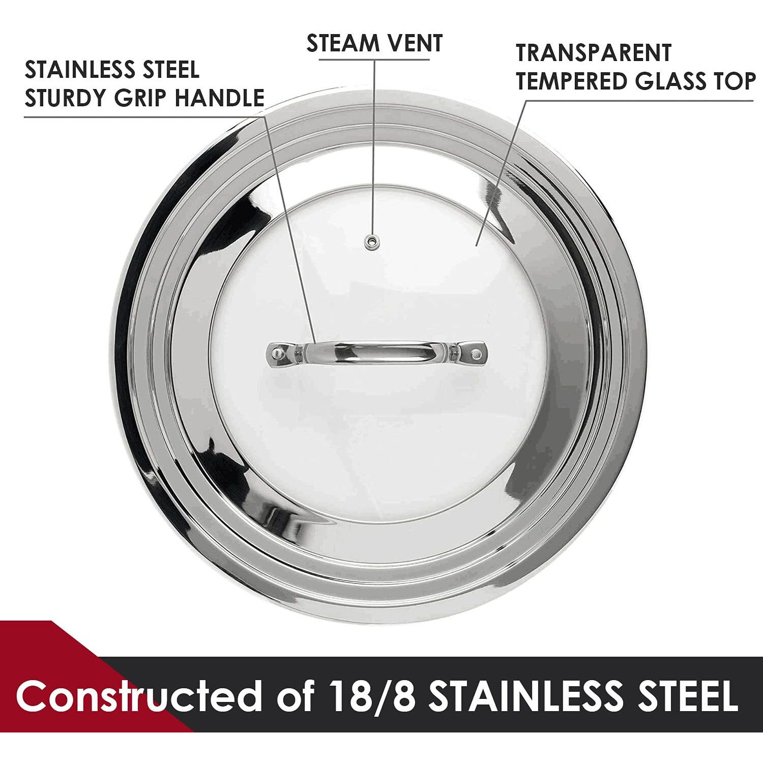 Keissco Stainless Steel Universal Lid For Pots, Pans And Skillets - Fits 7"" To 12"" Pot And Pans - Tempered Glass With Stainless Steel Rim Replacement Frying Pan Cover And Cast Iron Skillet Lid