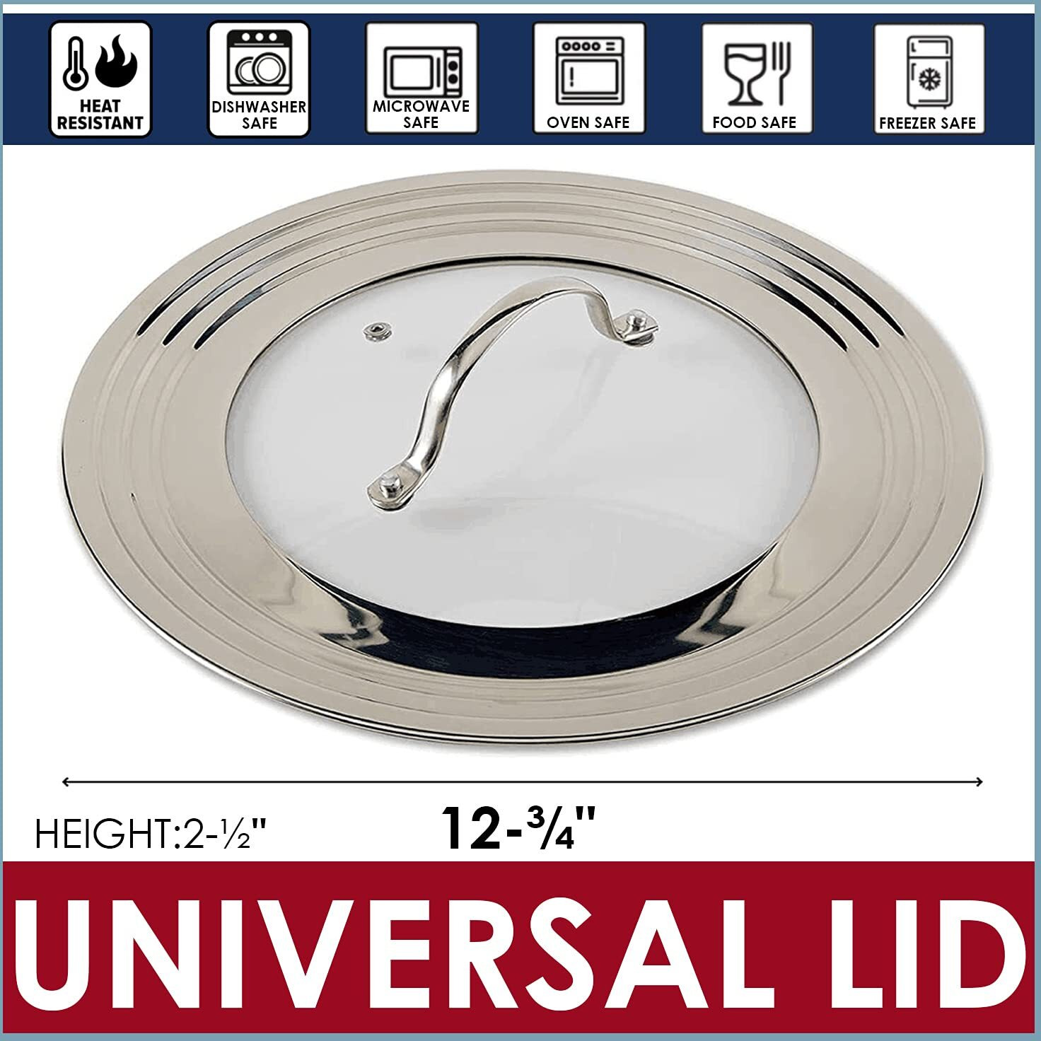 Keissco Stainless Steel Universal Lid For Pots, Pans And Skillets - Fits 7"" To 12"" Pot And Pans - Tempered Glass With Stainless Steel Rim Replacement Frying Pan Cover And Cast Iron Skillet Lid
