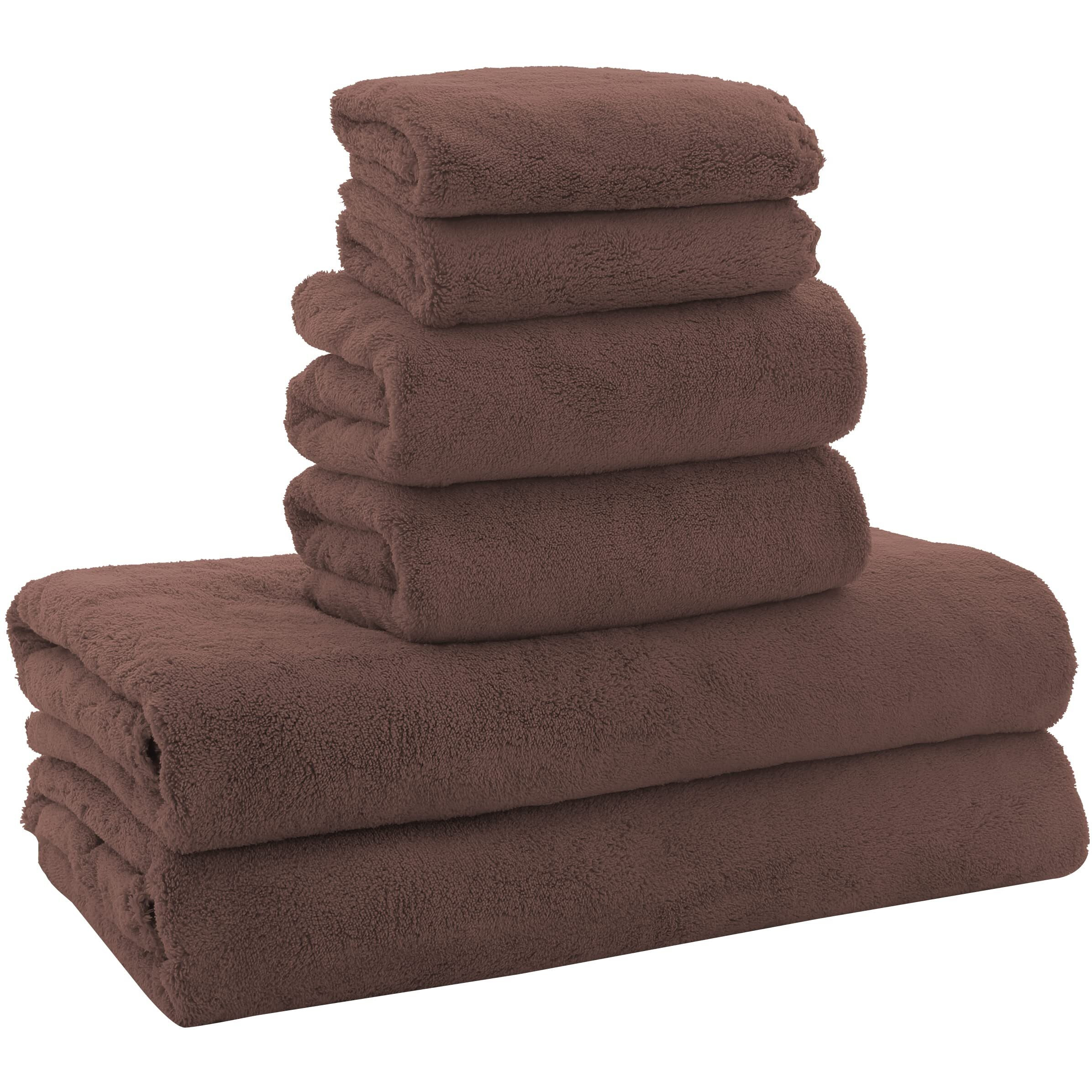Moonqueen Ultra Soft Microfiber Coral Velvet Towel Set - Quick Drying, 2 Bath Towels, 2 Hand Towels, 2 Washcloths - Wood Brown, 6 Pcs