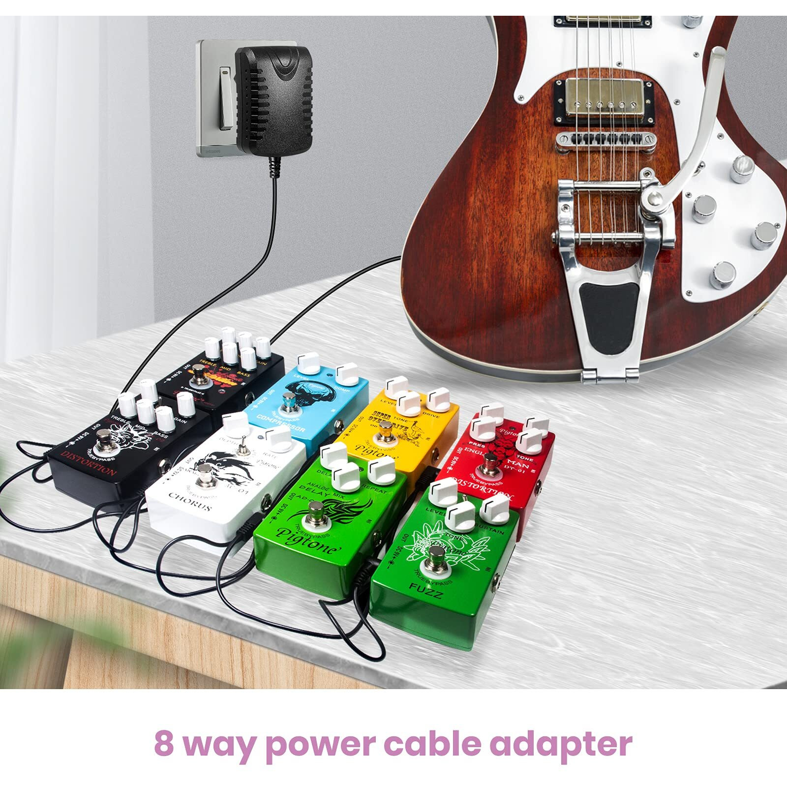 Pigtone Guitar Pedal Power Supply Adapter 9V Dc 1A(1000Ma) Tip Negative 8 Way Daisy Chain Cables For Effect Pedal