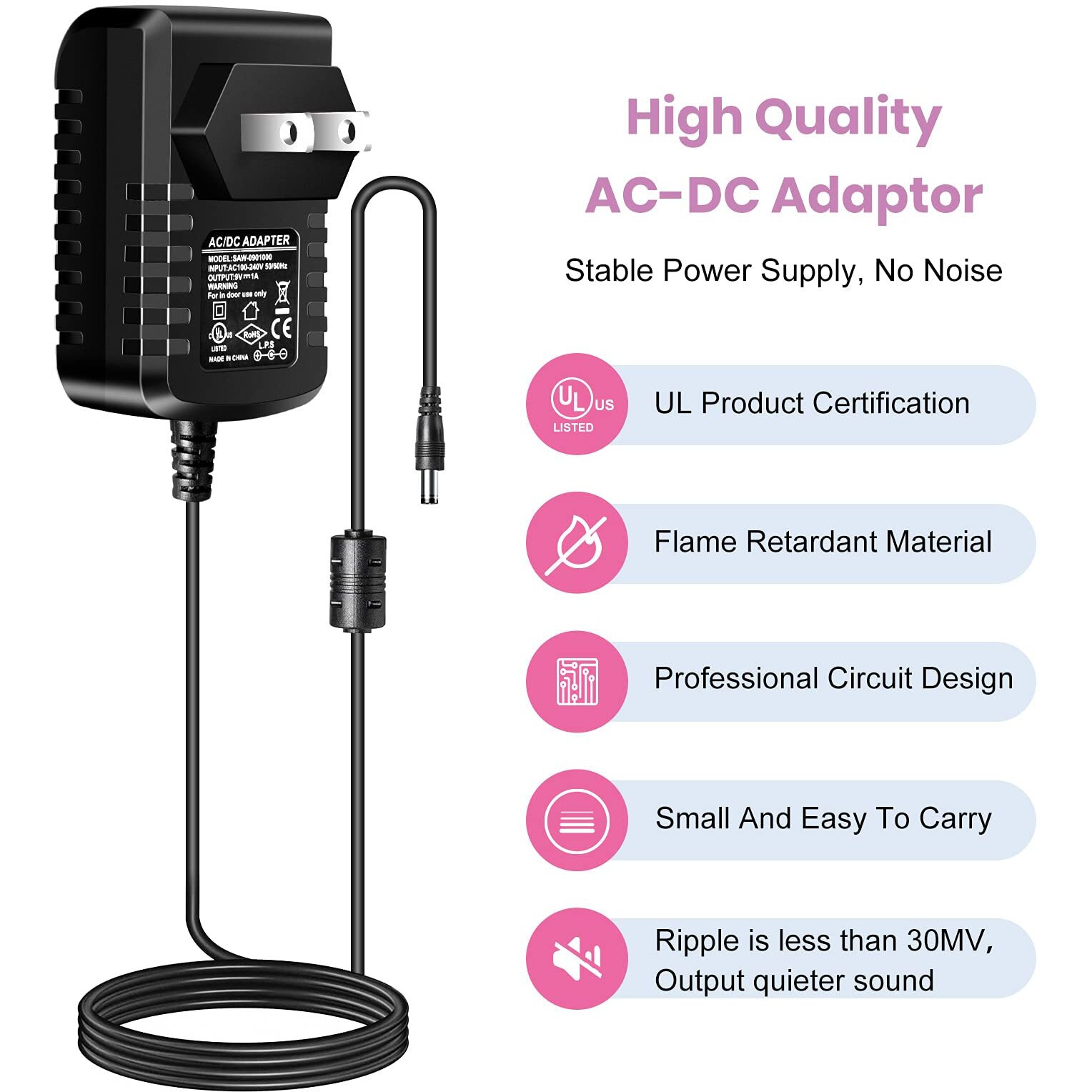 Pigtone Guitar Pedal Power Supply Adapter 9V Dc 1A(1000Ma) Tip Negative 8 Way Daisy Chain Cables For Effect Pedal