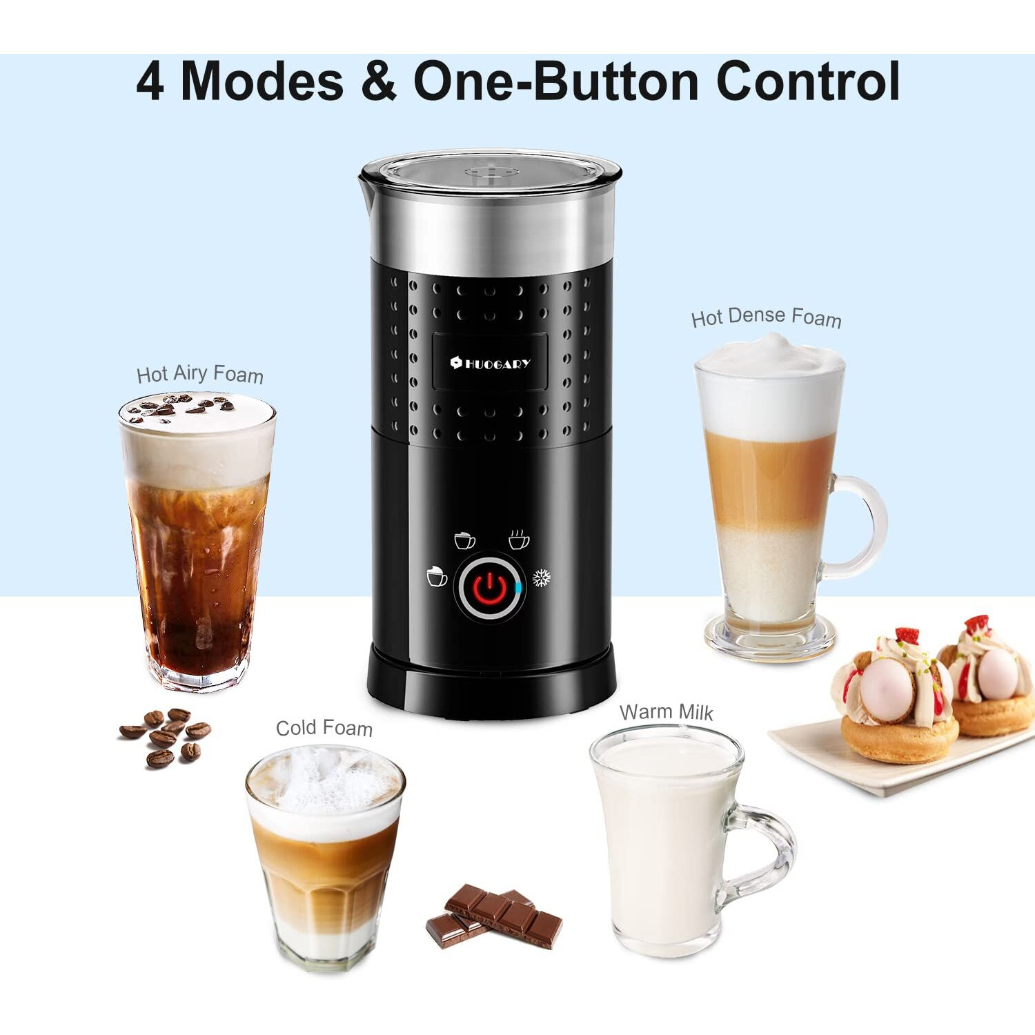 Huogary Electric Milk Frother And Steamer - 4 In 1 Automatic Milk Steamer,300Ml/10.1Oz Hot& Cold Foam Maker And Milk Warmer For Latte,Cappuccinos,Macchiato,Silent Working,Black,120V