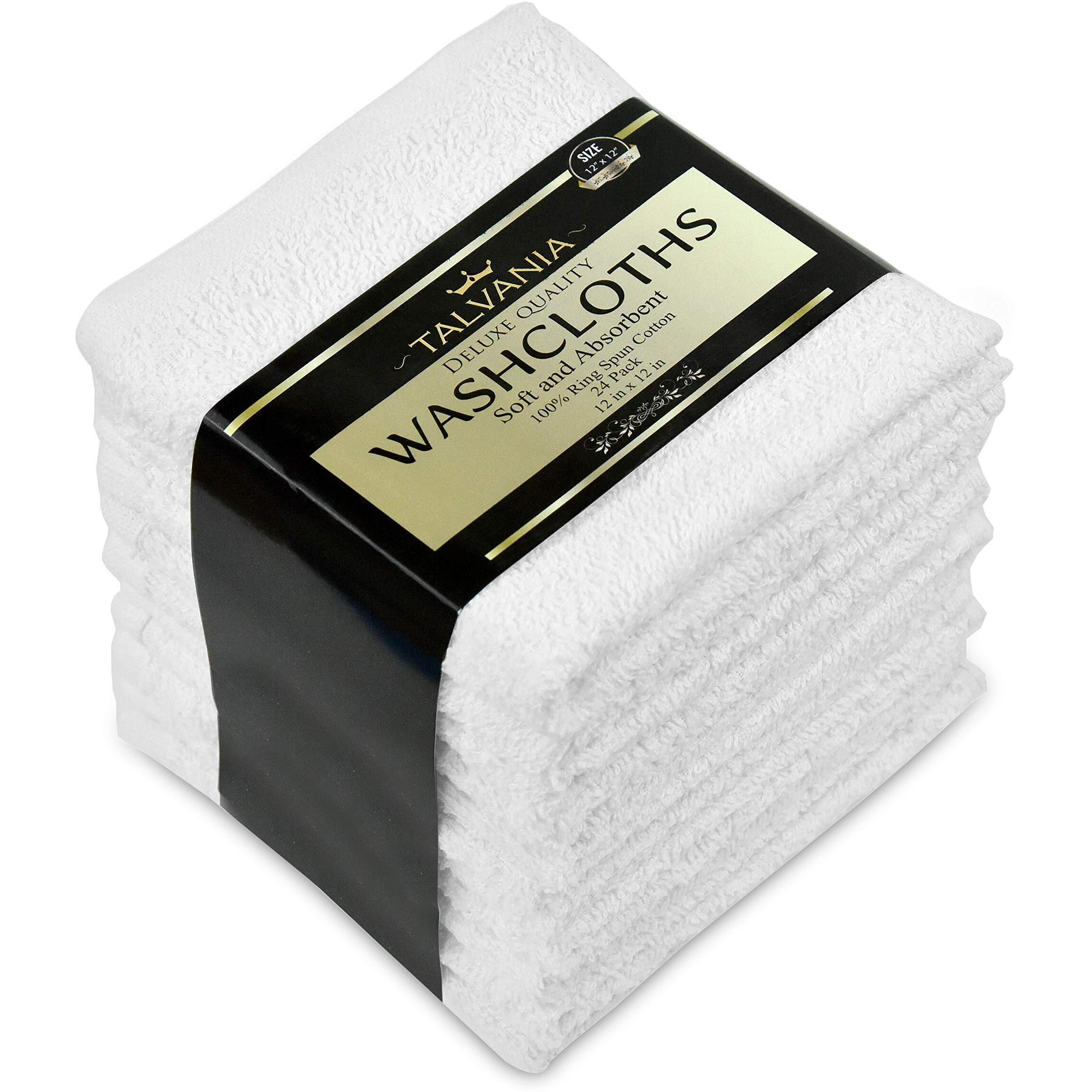 Talvania White Cotton Washcloths - Pack Of 24 - Super Absorbent Bathroom Face Towels - 12"" X12    Terry Bath Wash Cloth Set - Spa Home Cleaning Towel Multi-Purpose - 100% Ring Spun Cotton