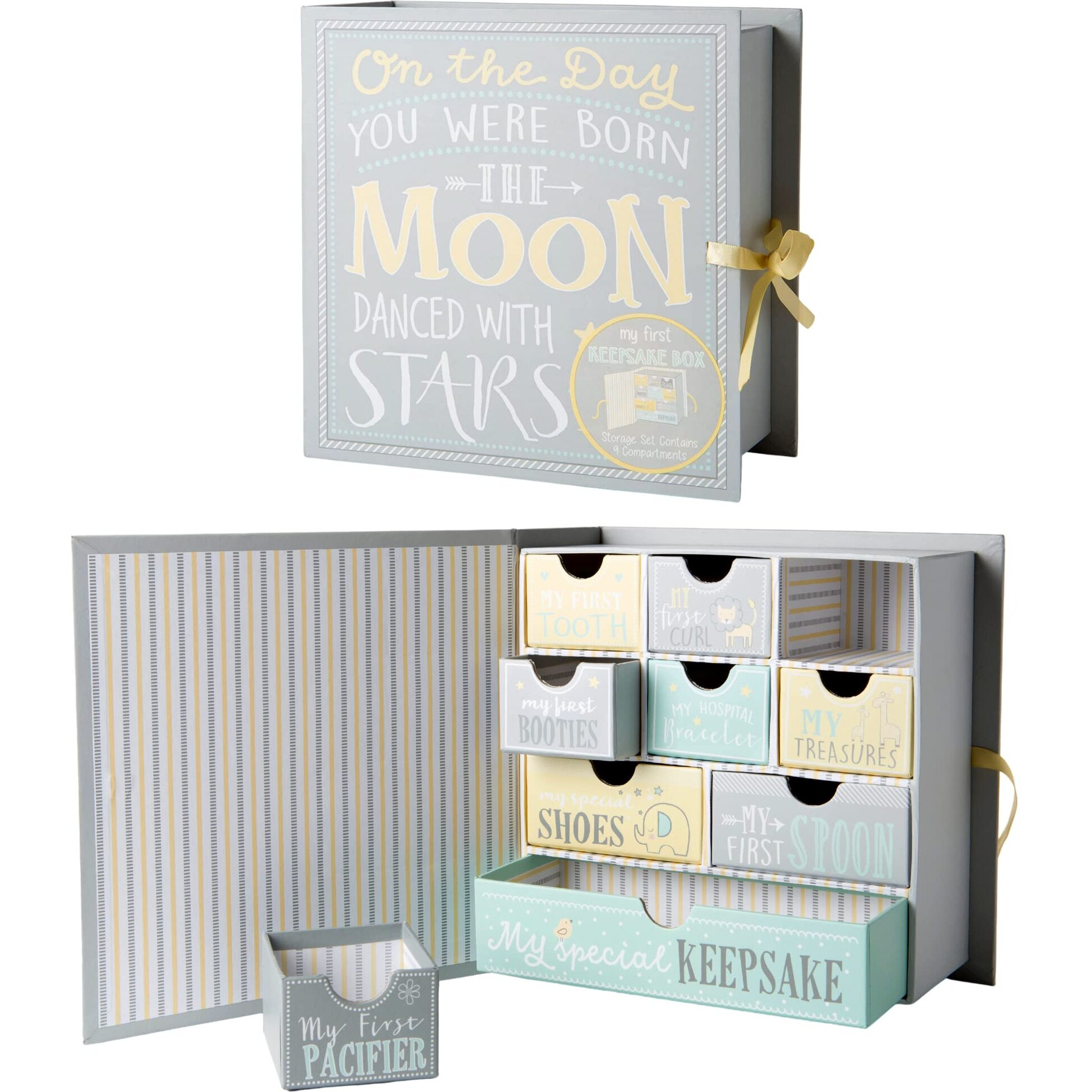 Votum Baby Keepsake Box For Treasured Memories, Moon & Stars - Lightweight, Handcrafted Baby Boxes With 9 Labeled Compartments For First Memories - Gender Neutral Baby Shower Gifts For Girls, Boys
