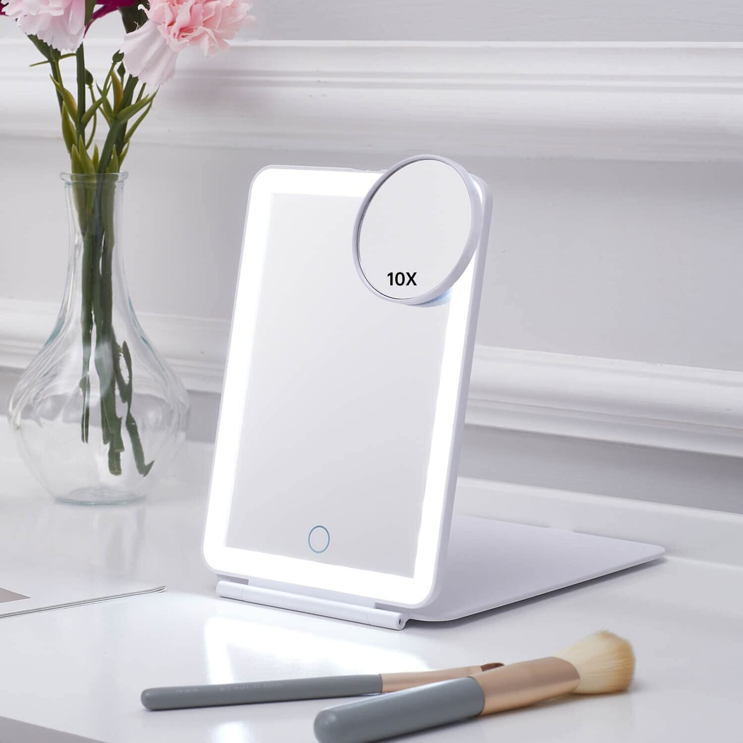 Led Foldable Travel Makeup Mirror - 5X7 Inches 3 Colors Light Modes Usb Rechargeable Touch Screen, Portable Tabletop Cosmetic Mirror For Travel, Cosmetic, Office (White)