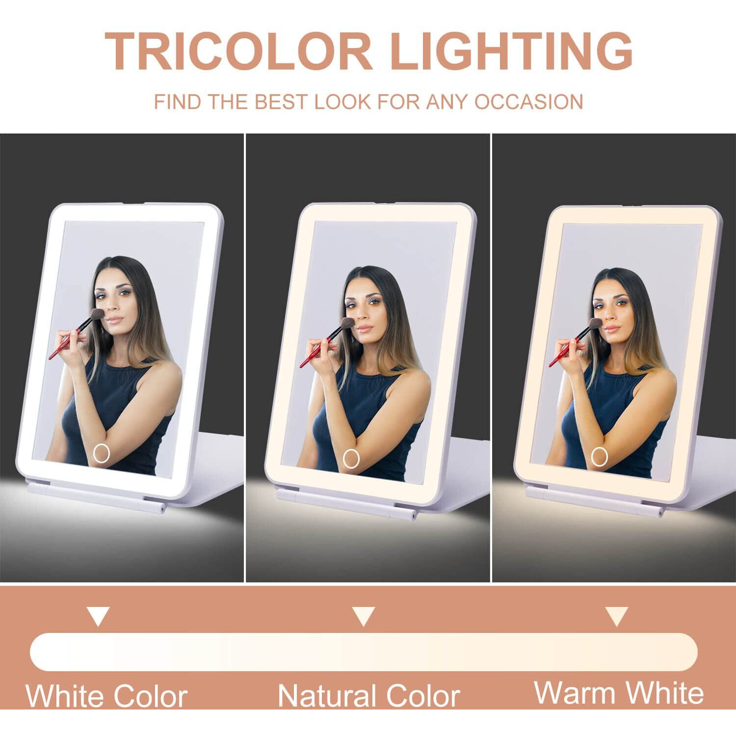 Led Foldable Travel Makeup Mirror - 5X7 Inches 3 Colors Light Modes Usb Rechargeable Touch Screen, Portable Tabletop Cosmetic Mirror For Travel, Cosmetic, Office (White)