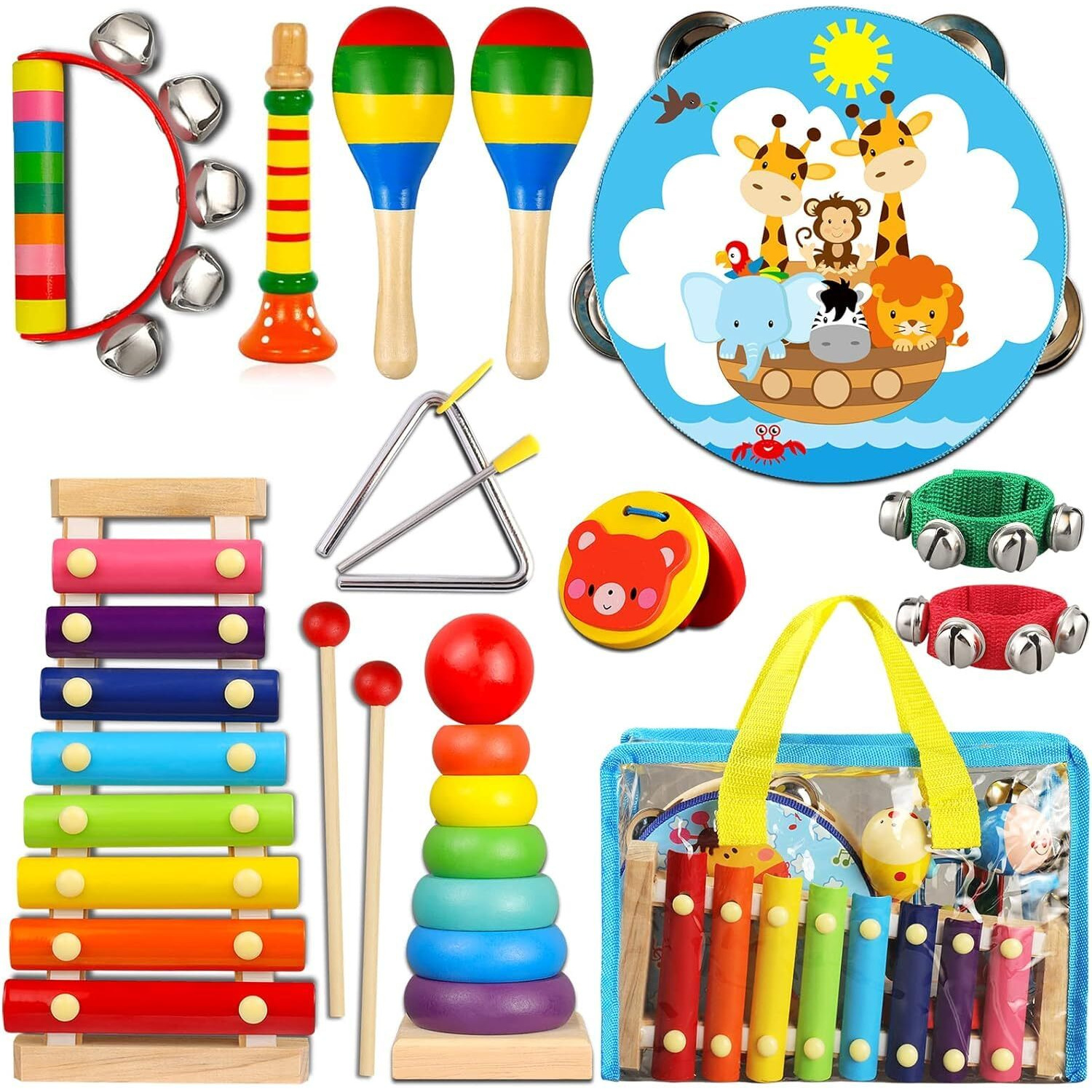 Looikoos Toddler Musical Instruments,Wooden Percussion Instruments For Baby Kids Preschool Educational Musical Toys Set Boys And Girls With Carrying Bag