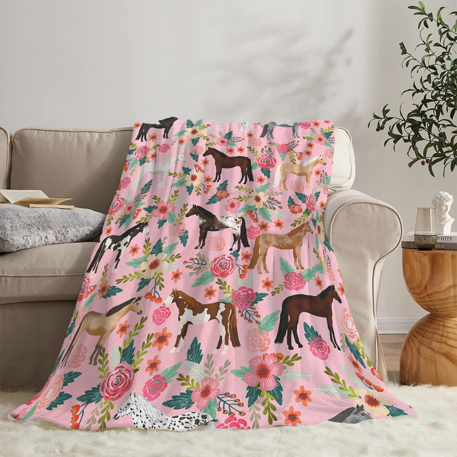 Horse Blanket Gift For Girls Women Cute Animal Horses Throw Blankets Flowers Fleece Flannel Stuff Soft Lightweight Plush Pink Blanket For Horse Lovers Decor Bed Sofa 50&quot&quotX40&quot&quot